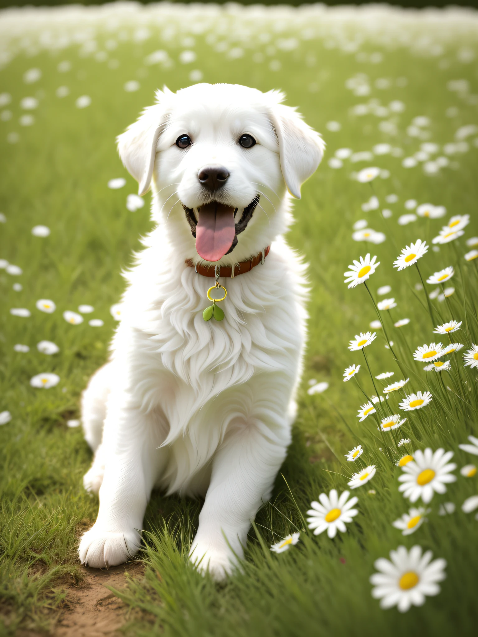 White, cute puppy in grass and daisies, sticking out tongue, smiling, lying on the ground, HDR, (intricate detail, hyperdetail: 1.2), cinematic frame, vignette, center