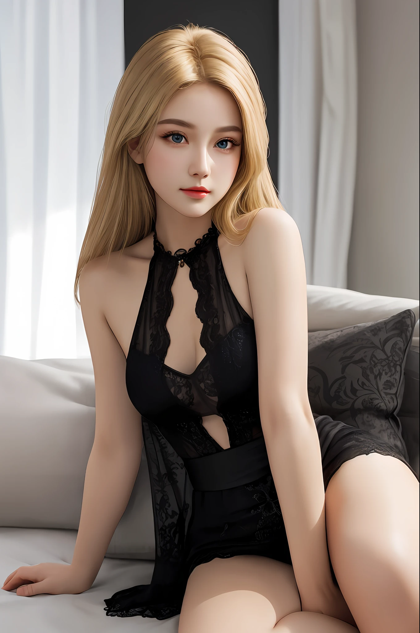 Very detailed eyes, very detailed face, very beautiful woman, best quality, super detailed (photorealistic), very delicate and beautiful legs, open legs, blonde, beautiful black eyes,