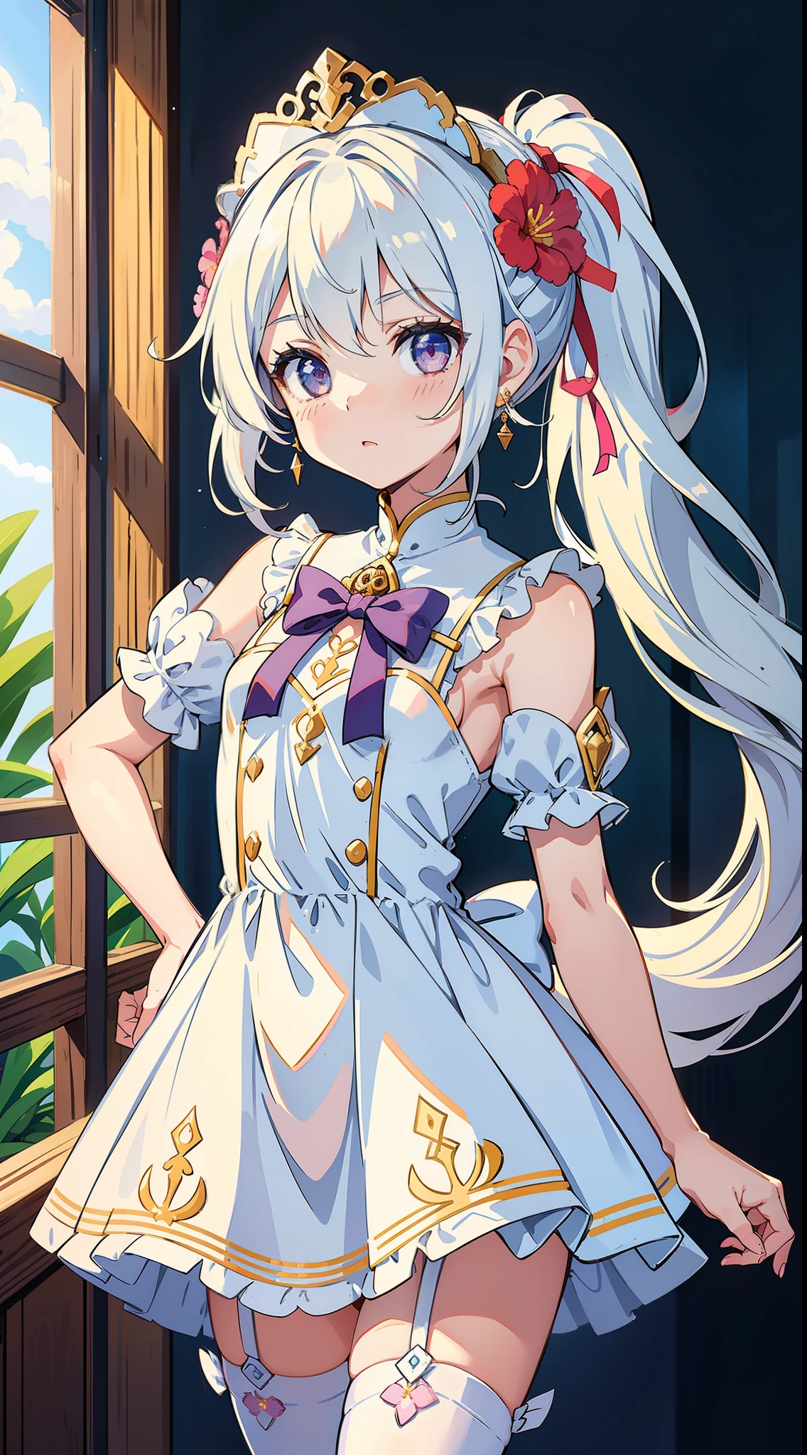(A cute little girl), wavy hair, long hair, (flower headdress), heart-shaped earrings, (eyes shining like jewels), innocence, short sleeves, (young), (white skin), (slender body), (white stockings), (bow), cute cute, cute cute, cutest, endearing, immature, cute, little girl, (small), cg, (short), (tsundere), cute cute, cute cute cute cute cute cute, cute, little girl, little girl, little girl, little girl, (double ponytail), indoor, ((dress))