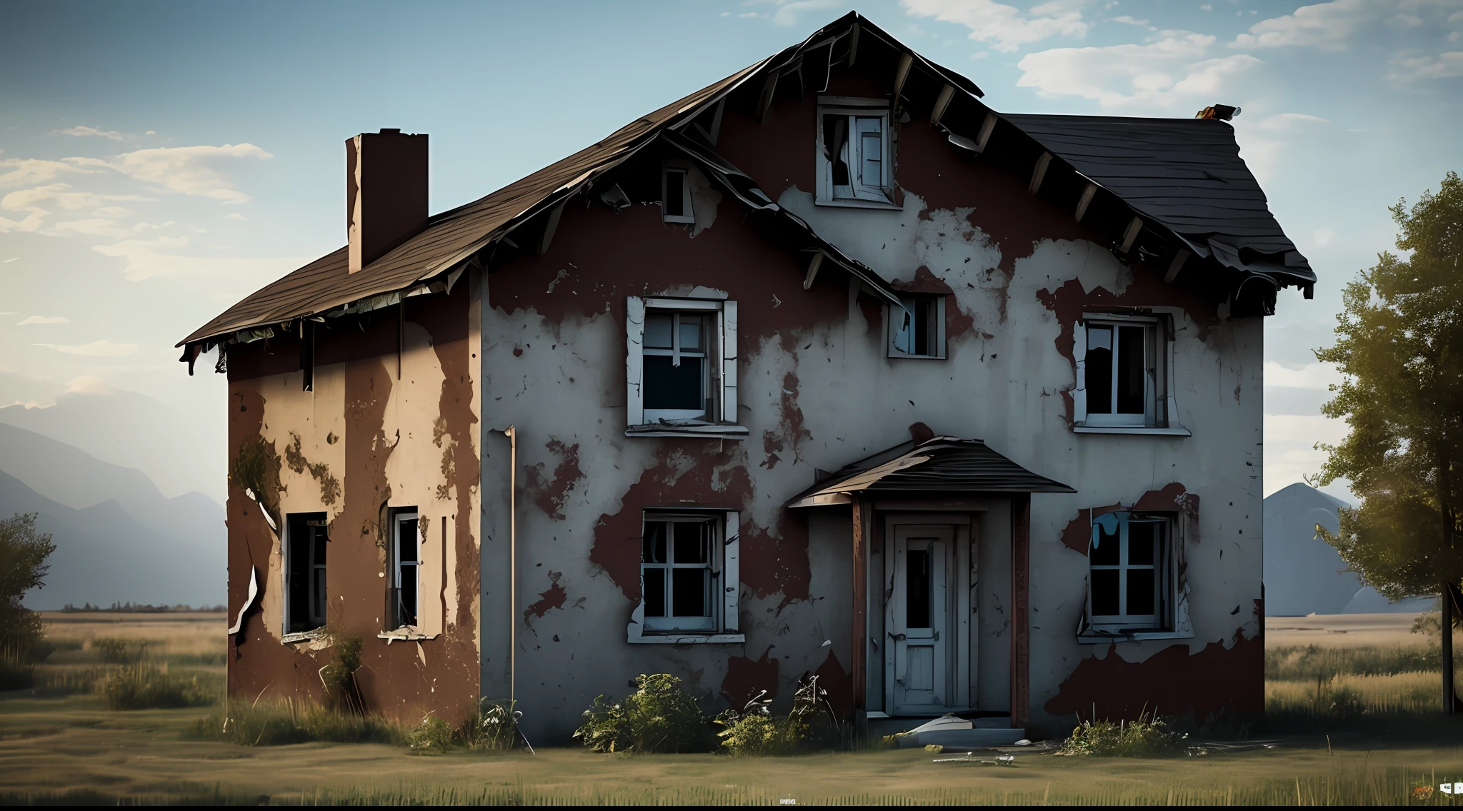 Image of a small abandoned house with peeling walls and broken windows. . Detailed, dsrk, dark, ghosts, 8k