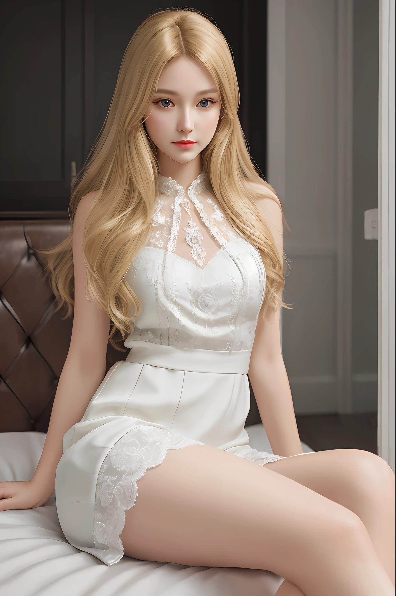 Very detailed eyes, very detailed face, very beautiful woman, best quality, super detailed (photorealistic), very delicate and beautiful legs, open legs, blonde, beautiful black eyes,