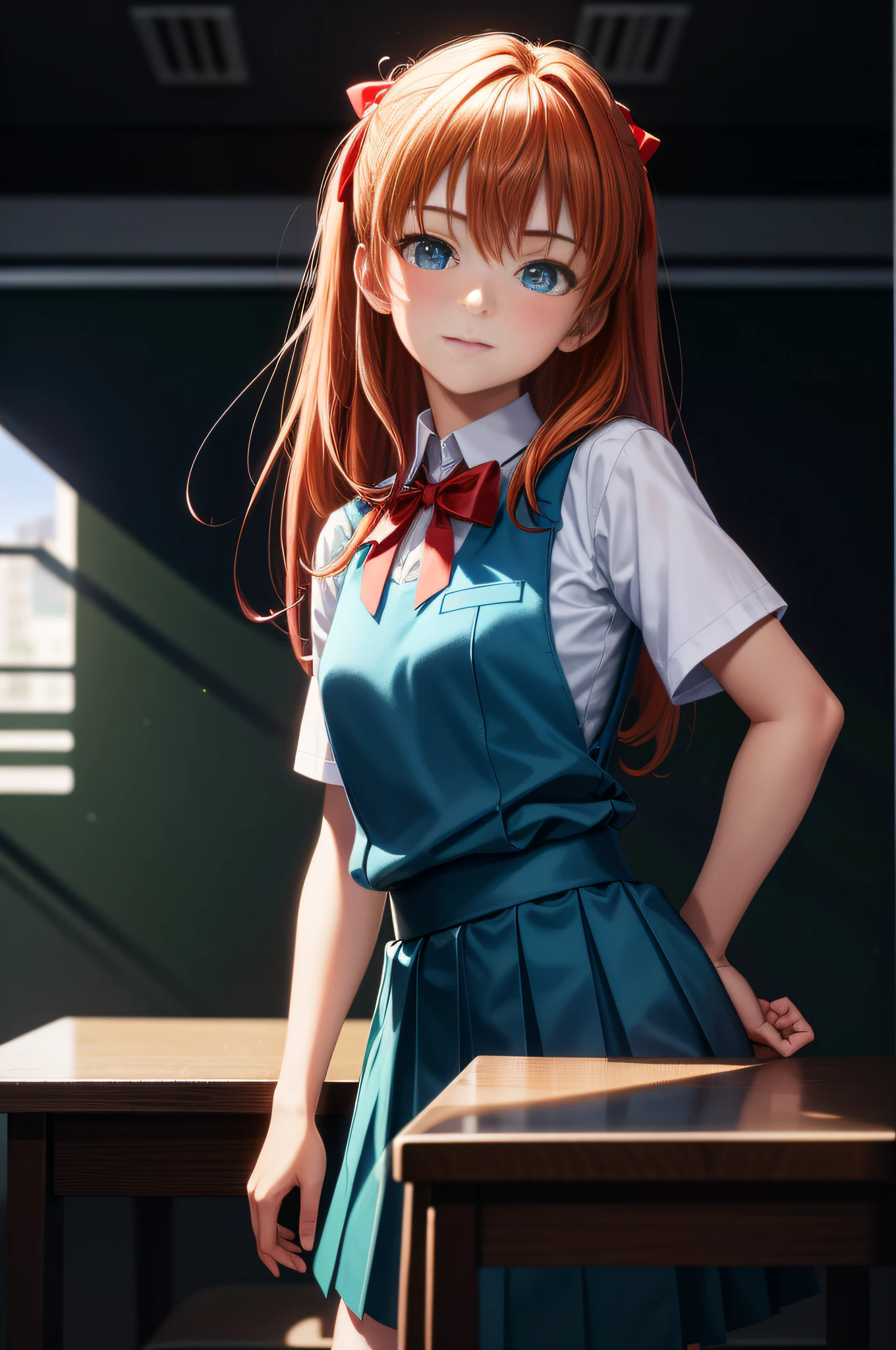 solo, masterpiece, masterpiece, highest quality, very photograph-like painting: 1.4, masterpiece, best quality, official art, extremely detailed CG unity 8k wallpaper, bright pupils, 1 18-year-old girl, Asuka (Evangelion), glowing eyes, sparkling eyes, glint, eye reflection, long orange hair, blue eyes), (short-sleeved shirt, aqua vest school uniform, red ribbon bow at neckline, classroom