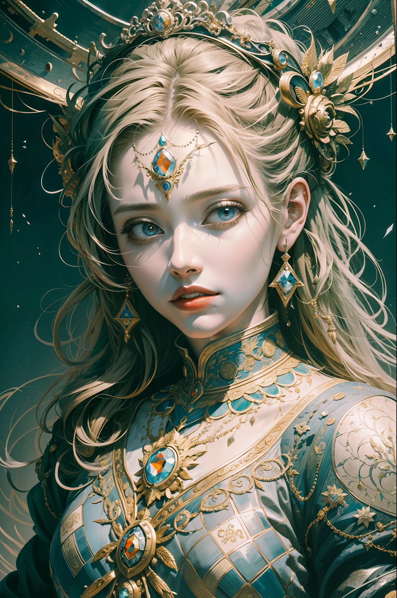 (((hyper detail))), (masterpiece, highest quality, best quality, high definition: 1.4), 18 years old, beautiful girl, aristocratic, live-action-like, full body, big castle, quiet, intricate details, 4K, concept art, painting on ceiling, depth, miracle, romanticism, James Jean, Robbie Dowi Antono, Ross Tran, Francis Bacon, Michal Murats, Adrian Guyney, Mandala, High Quality, Photoreal
