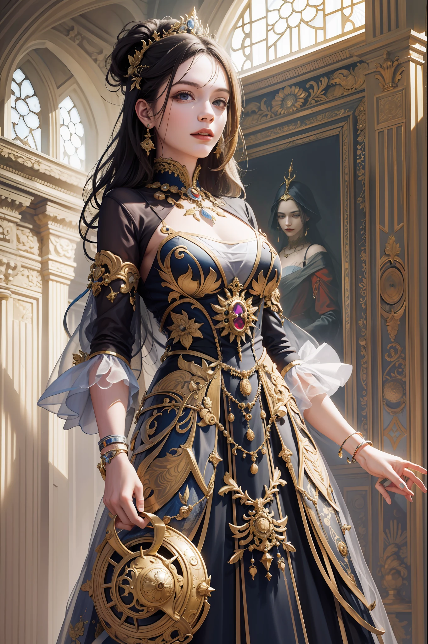 (((hyper detail))), (masterpiece, highest quality, best quality, high definition: 1.4), 18 years old, beautiful girl, aristocratic, live-action-like, full body, big castle, quiet, intricate details, 4K, concept art, painting on ceiling, depth, miracle, romanticism, James Jean, Robbie Dowi Antono, Ross Tran, Francis Bacon, Michal Murats, Adrian Guyney, Mandala, High Quality, Photoreal