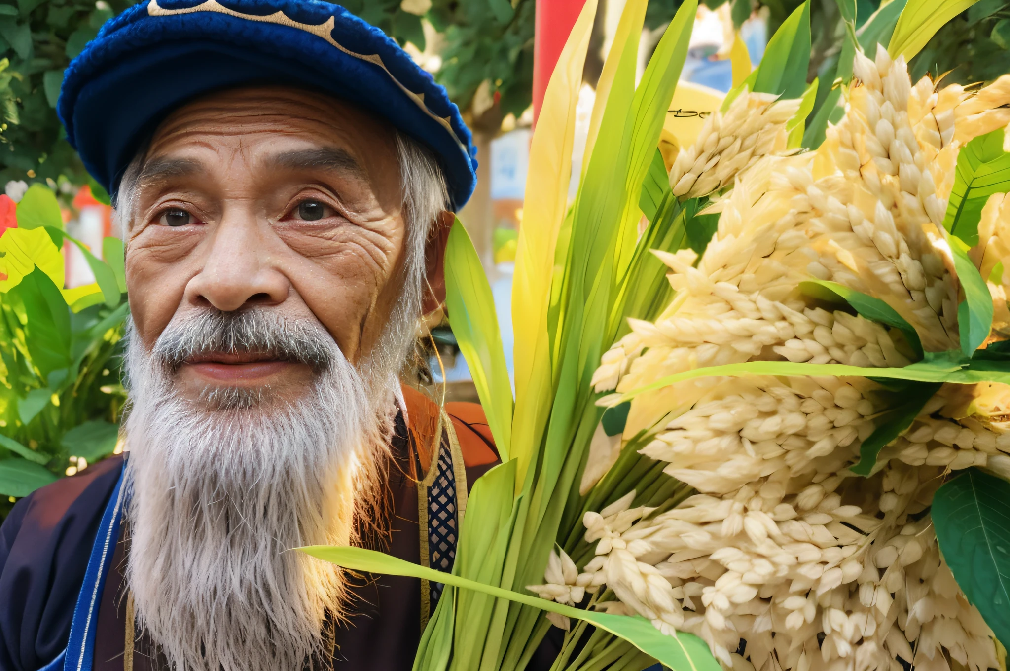 Chinese man with beard and hat holding a bundle of wheat, he is about 80 years old, peasant, he is about 70 years old, farmer, he is about 60 years old, he is about 60 years old, an 80-year-old man, an old man, traditional Chinese, old man