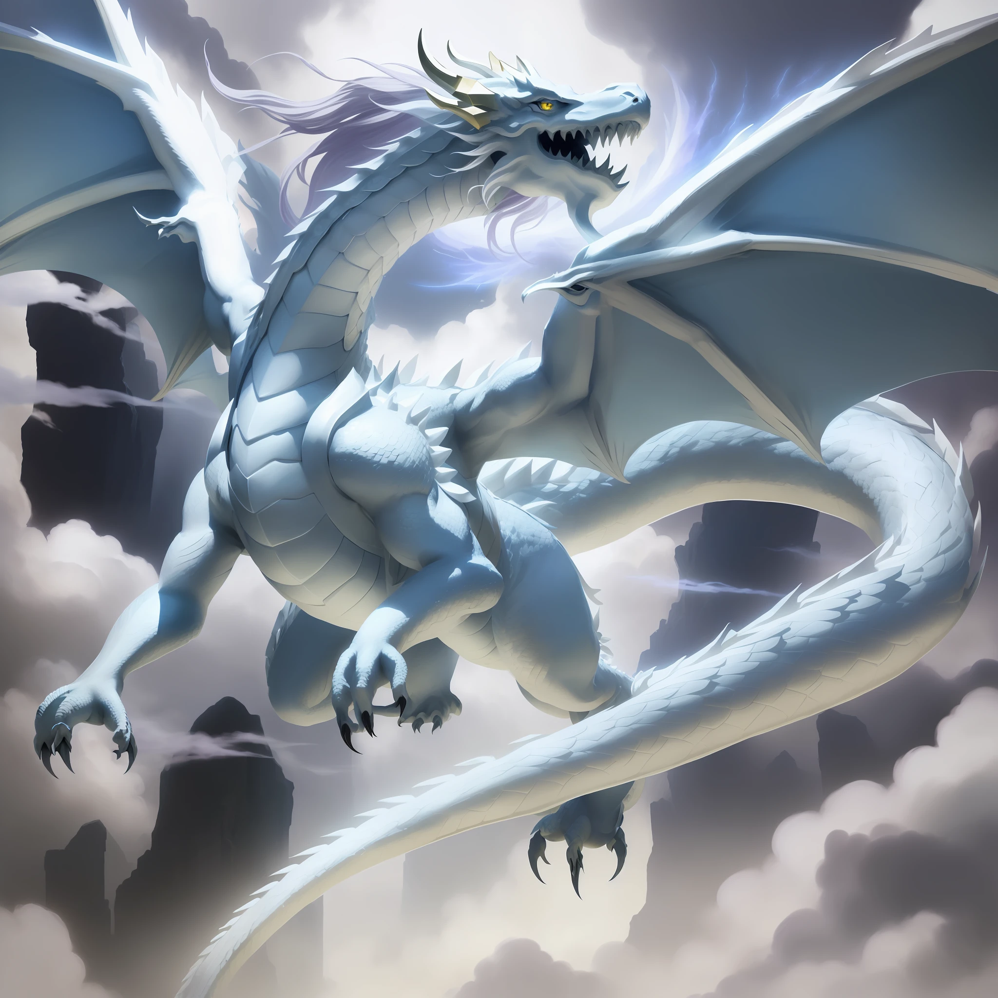 The silvery-white dragon spreads its wings and flies in the fog, and its surroundings are fluorescent with lilac. Monsters, game illustrations