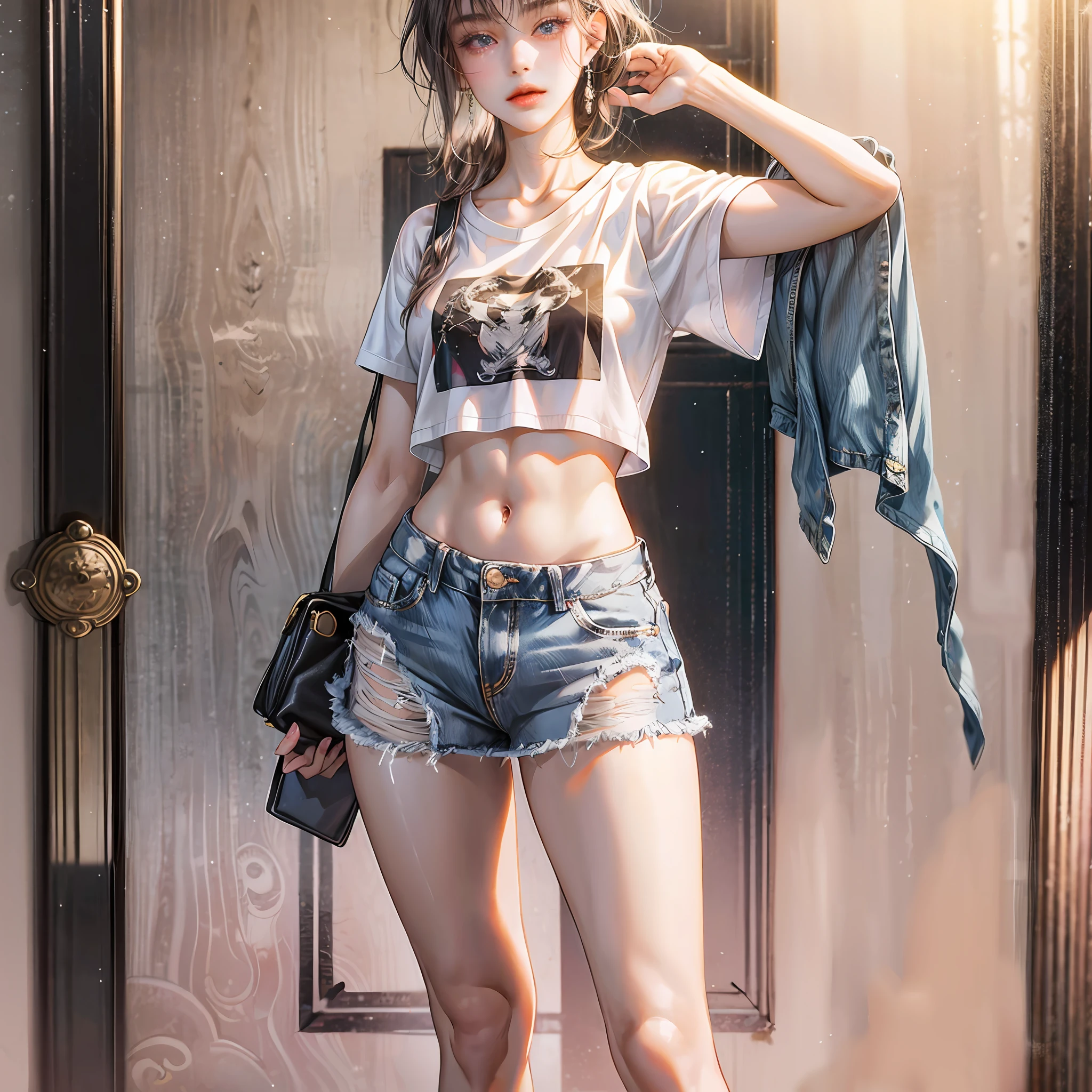 Top quality, full body portrait, delicate face, 18-year-old girl, slim figure, small bust, white crop top t-shirt, waist pink denim skirt, gymnasium scene, tall standing, kingdom, yang hata --auto --s2