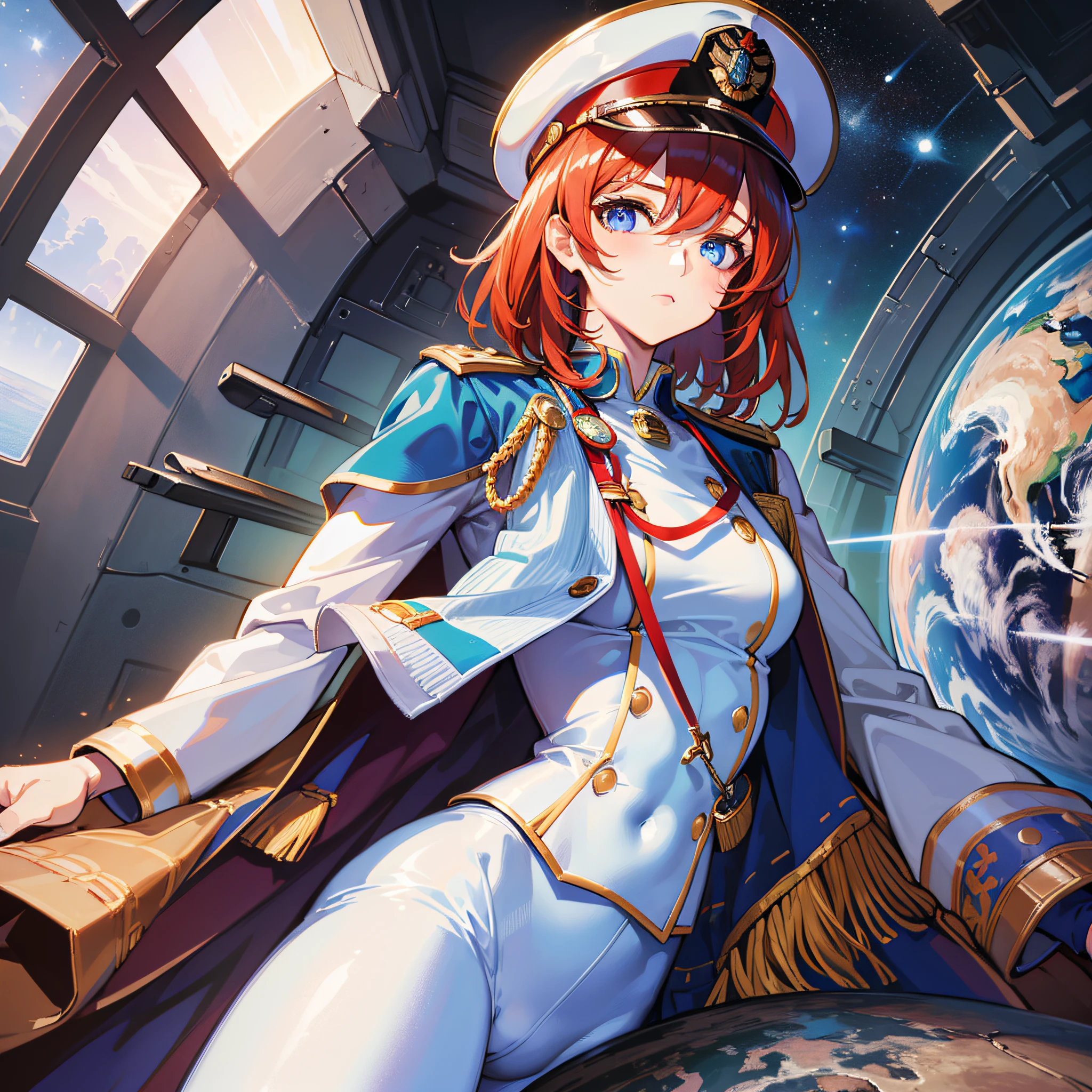 ((Masterpiece)), ((Highest Image Quality)), ((Best Quality)), (Illustration of One Girl), Full Body, 25 Years Old, Short Red Hair, (Thin Hair on Both Sides of Face), Blue Eyes, (((Tall)), ((Muscular Strong Body)), ((Manspreading)), Open Legs, (((Military Uniform)), (Military Hat)), (Military Coat)), (White Clothes), (White Pants), (White Hat), Trench coat, ((inside the spaceship)), (outside the window, space, Earth seen from space)