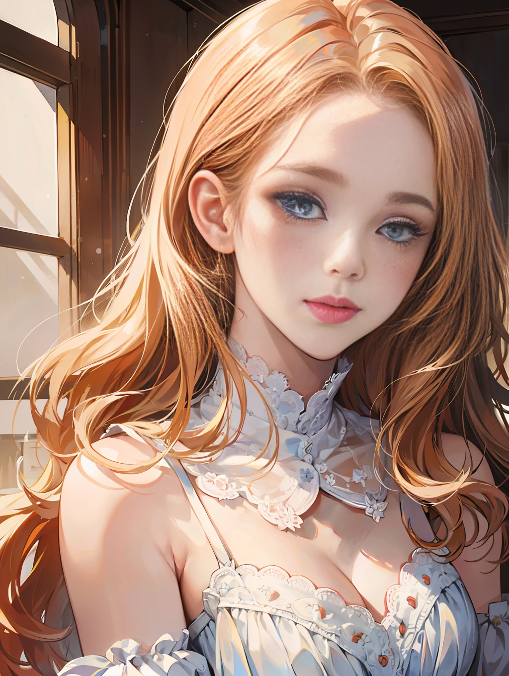 high detailed, masterpiece, best quality:1.2, hdr, absurdres, RAW photo, 1girl, beautiful, cute, strawberry blonde hair, portrait, upper body shot, blush, light smile, doe blue eyes, lace bralette, --auto --s2