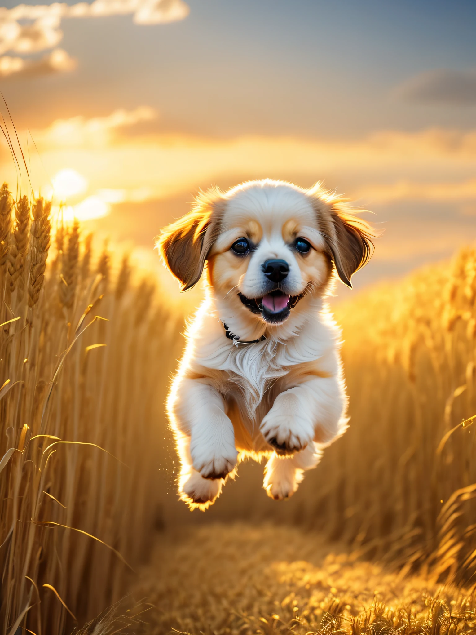 Photo of a very cute jumping puppy in a golden wheat field, sky at sunset, white clouds, soft volumetric light, (backlight: 1.3), (movie: 1.2), intricate details, (ArtStation: 1.3), Rutkowski