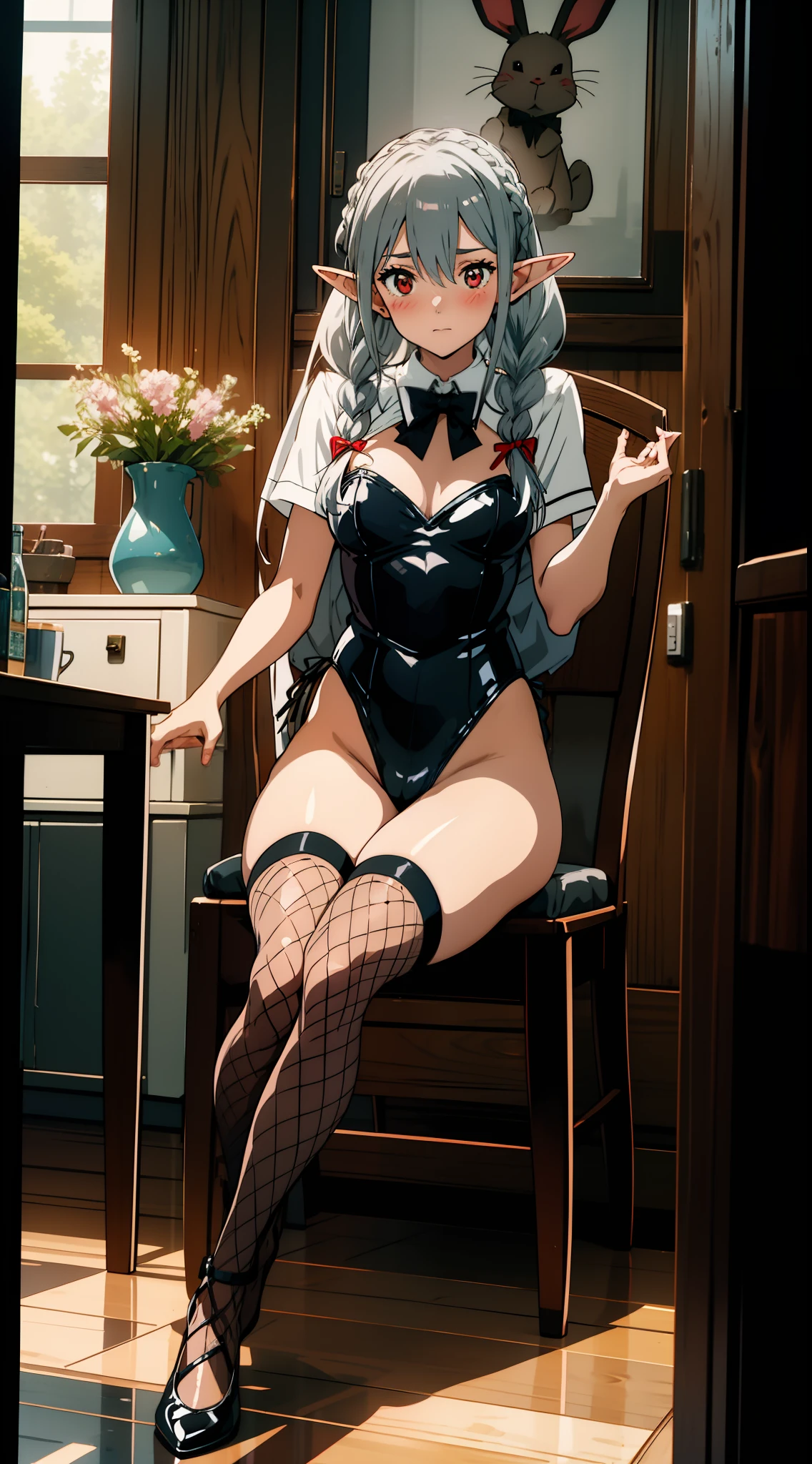 1 girl closeup, bunny girl, leotard, fishnet stockings, elf, silver hair, red eyes, braid, sitting on chair, tavern, dark indoor, embarrassed, blush, concept art, beautiful anime scene, beautiful anime landscape, top rated on pixiv, top quality, 4K