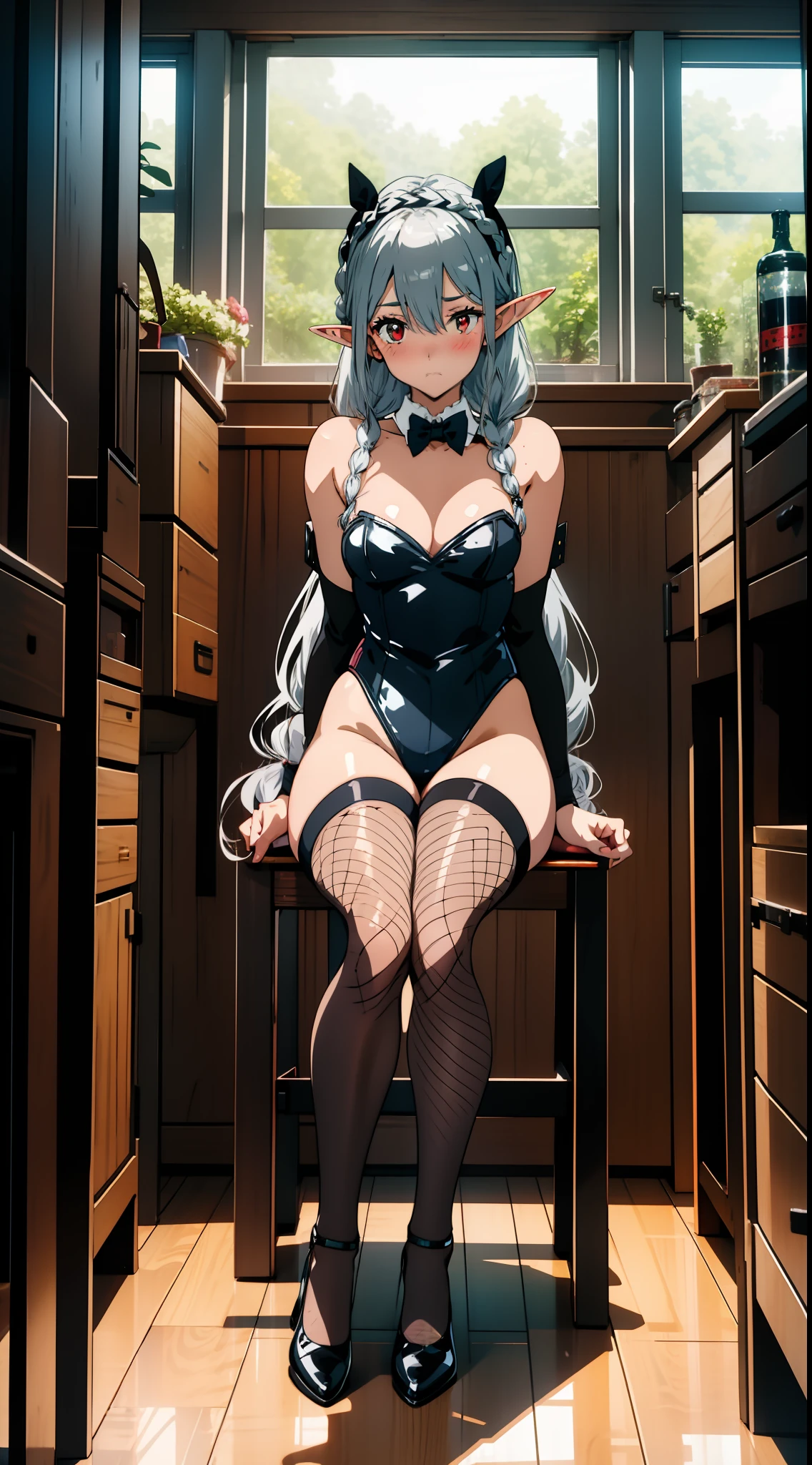1 girl closeup, bunny girl, leotard, fishnet stockings, elf, silver hair, red eyes, braid, sitting on chair, tavern, dark indoor, embarrassed, blush, concept art, beautiful anime scene, beautiful anime landscape, top rated on pixiv, top quality, 4K