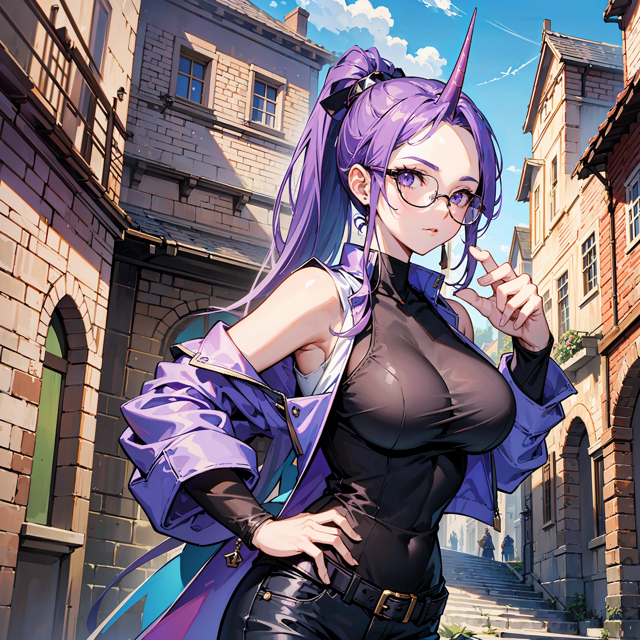 master-piece, hyper quality, hyper detailed, perfect drawing, CG, 3D, 8k, illustration, solo, tall beautiful girl with one horn from forehead (2.0), purple hair ponytail, big breasts slimming (B95cmW55cmH90cm, T180cm), purple business suit, wearing a tank top in a jacket, Skinny pants, holding a large sword (180cm) in one hand, dignified face, hanging eyes but cute, pointed ears, glasses, medieval European townscape, old castle, cobblestone, fantasy