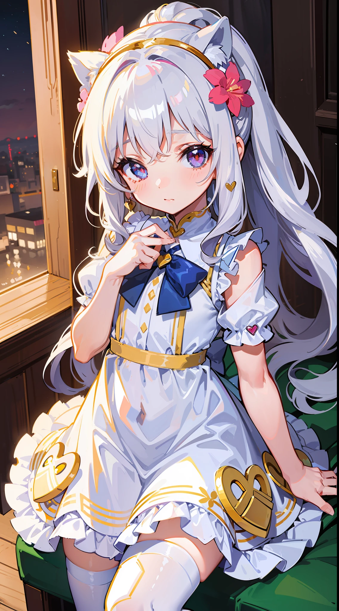(A cute ), wavy hair, long hair, (flower headdress), heart-shaped earrings, (eyes shining like jewels), innocence, short sleeves, (young), (white skin), (slender body), (white stockings), (bow), cute cute, cute cute, cutest, endearing, immature, cute, little girlcg, (short), (tsundere), cute cute, cute cute cute cute cute cute, cute, little girl, little gigirl, little le ponytail),dress))