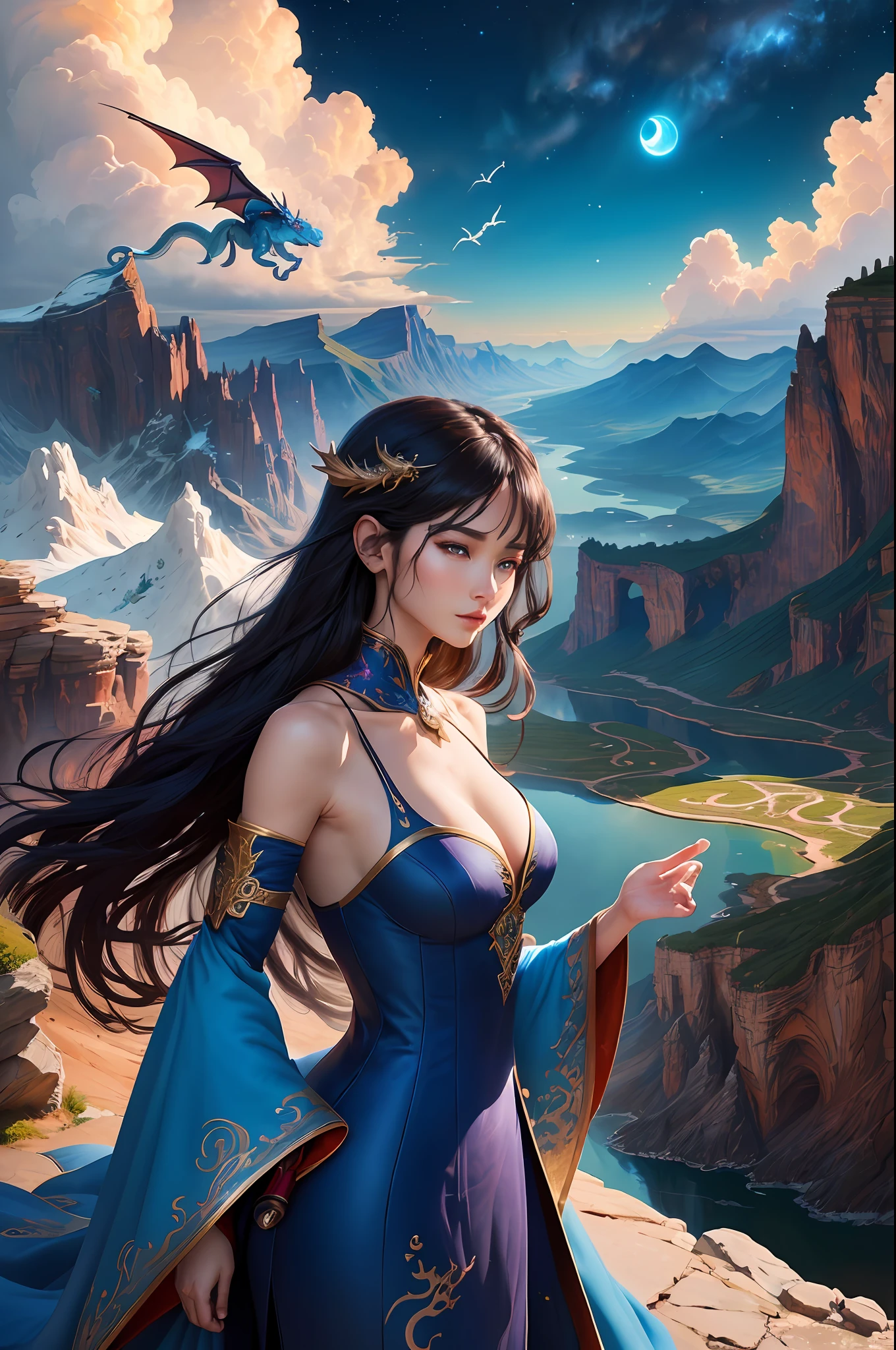 ((Best Quality)), ((Masterpiece)), (detailed), Dragon Empire,Dragons Flying in the Sky, Realistic Eyes, Black Hair, Blue Eyes, Small Tits, Sexy Korean Setin Dress, Evil Landscape, Ethereal Beauty, (Fantasy Illustration: 1.3), Glamorous Look, Charming Pose, Solo Girl, Supernatural Charm, Mysterious Sky, (anime), Moonlit Night, Pastel Colors, (Detailed Cloudy Landscape: 1.3), (High resolution: 1.2) (The blue dragon flies in the sky) dressed, and on the mountain, an army passes far away in the canyon below.