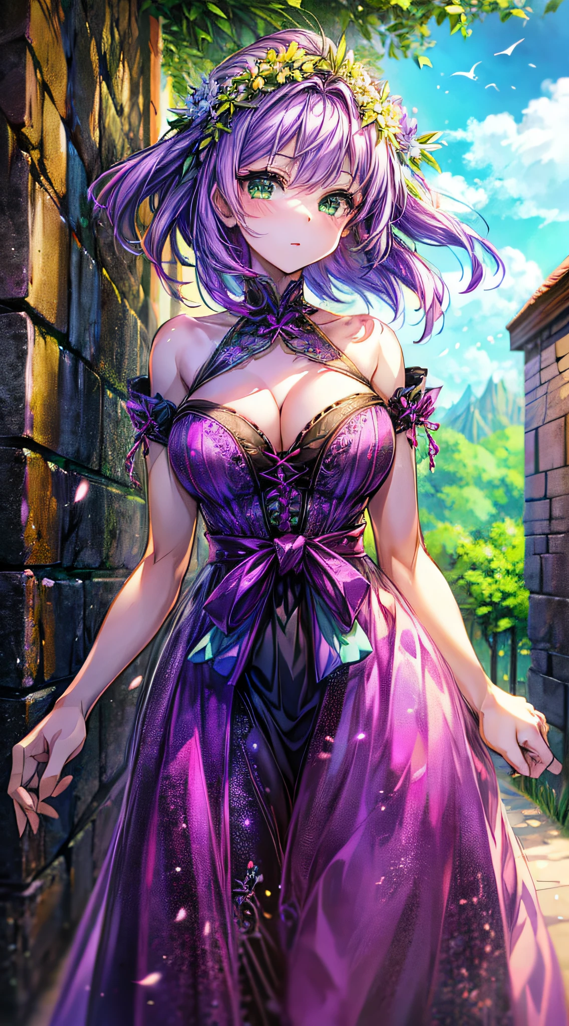1 girl, purple hair, green eyes, color difference, gorgeous dress, wind, stunning