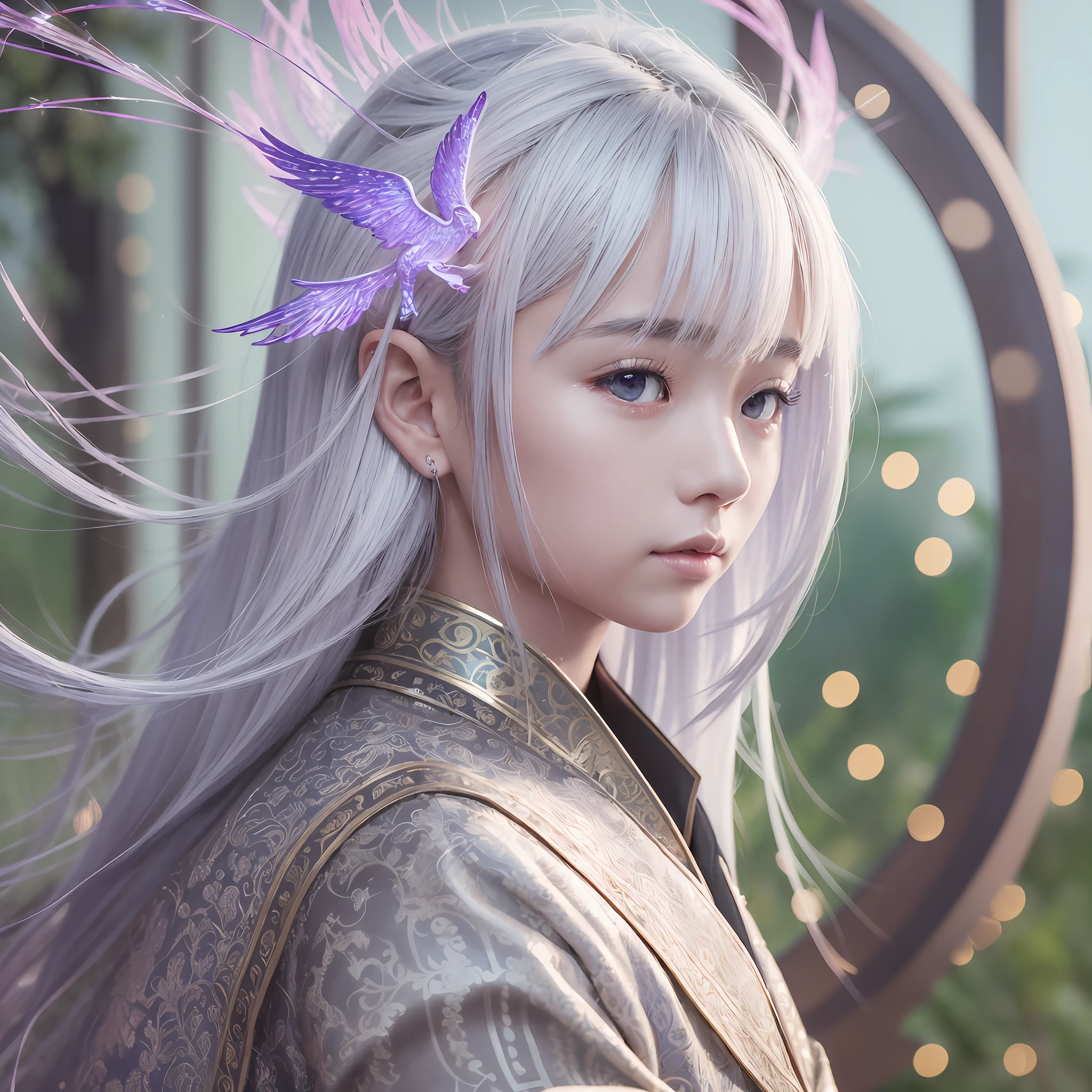 A Chinese boy, dressed in Hanfu, silver hair, metal decoration, white clothing, three-dimensional facial features, and a purple phoenix next to him, is stunning and gorgeous. 3D, Vray rendering, surrealism, bokeh, low angle shooting, front view, cinematic style, cinematic, realism, surreal, fantasy, mythology, product rendering, clean background, ltra detailed, in the style of realistic depiction of light, high detail on light and shadows throughout, intricate details, surreal, hypermaximalist, white studio background, luminous, iridescent, shimmering, Canon EOS - ID mark III --ar 4:5 --upbeta --style raw, hasselblad, ray tracing, Social realism, Surrealism, 8k