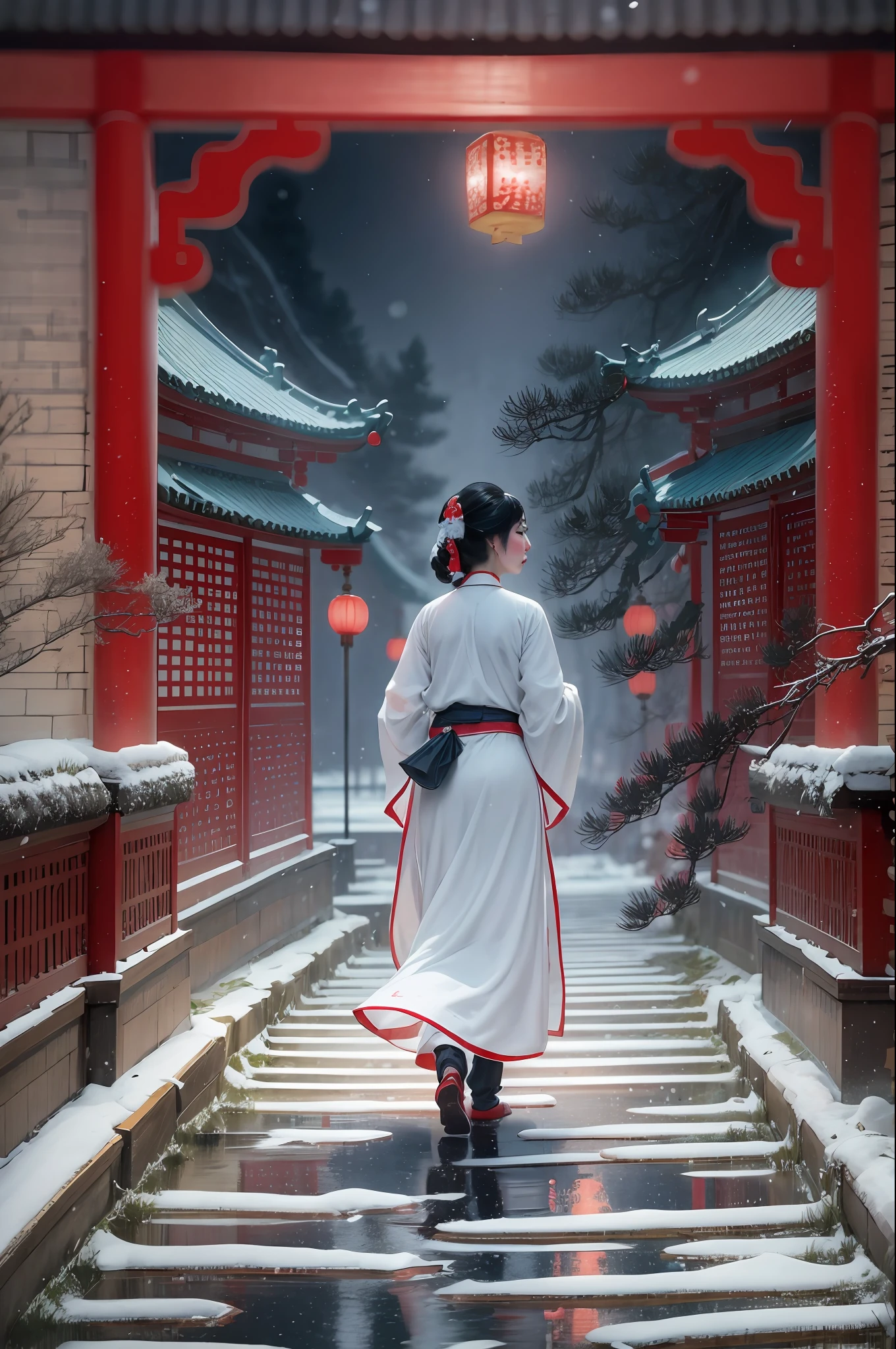 Water magic style, at night, snowflakes falling, in the red Chinese court, a palace maid wearing a cheongsam and a lantern, walking slowly on the long road, lonely, dark, ink style, details presented like a master level, the picture is elegant and fresh, like the master's pine snow map, the style is very similar to Zhang Daqian