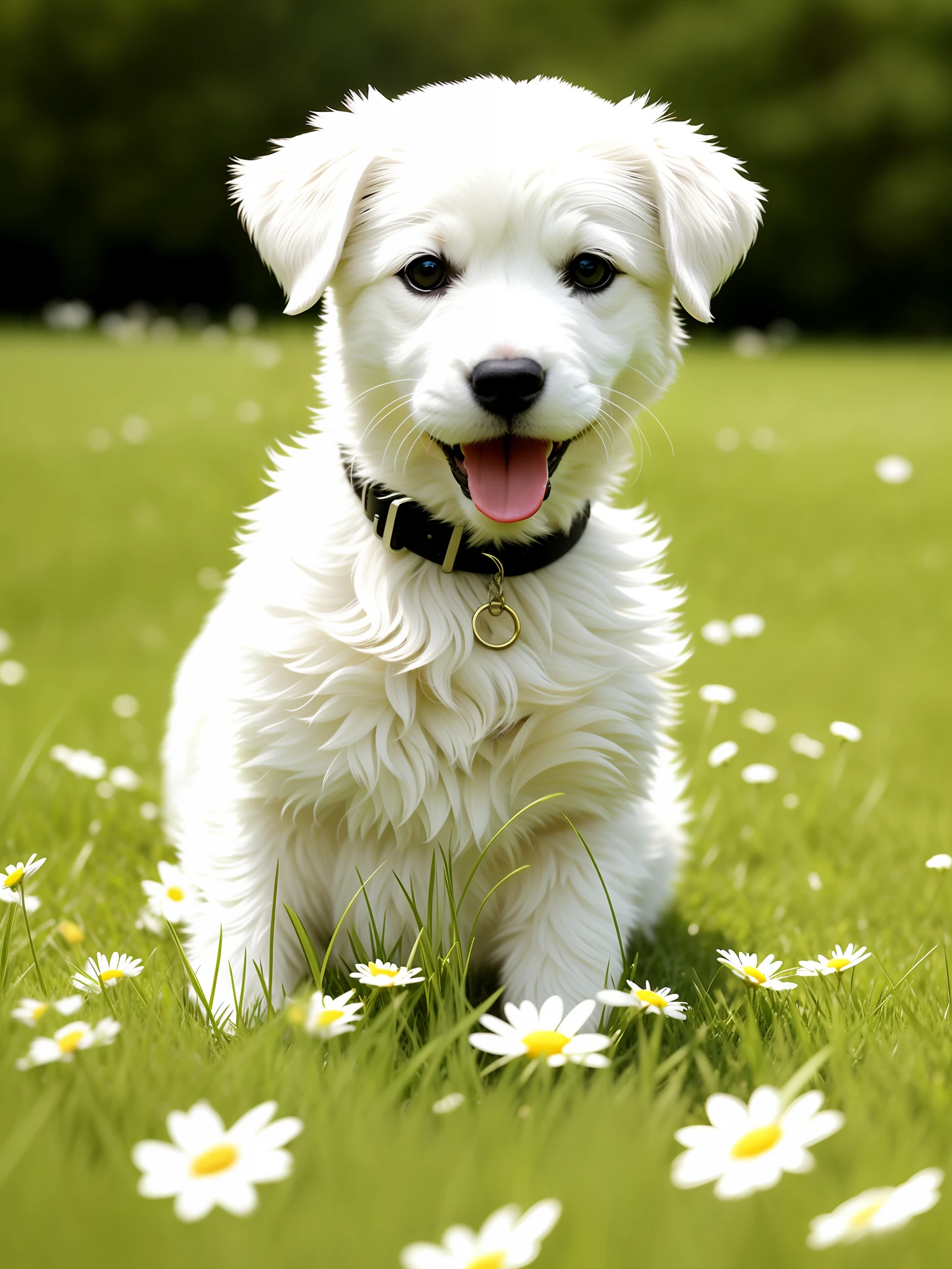 White, cute puppy in grass and daisies, sticking out tongue, smiling, lying on the ground, HDR, (intricate detail, hyperdetail: 1.2), cinematic frame, vignette, center