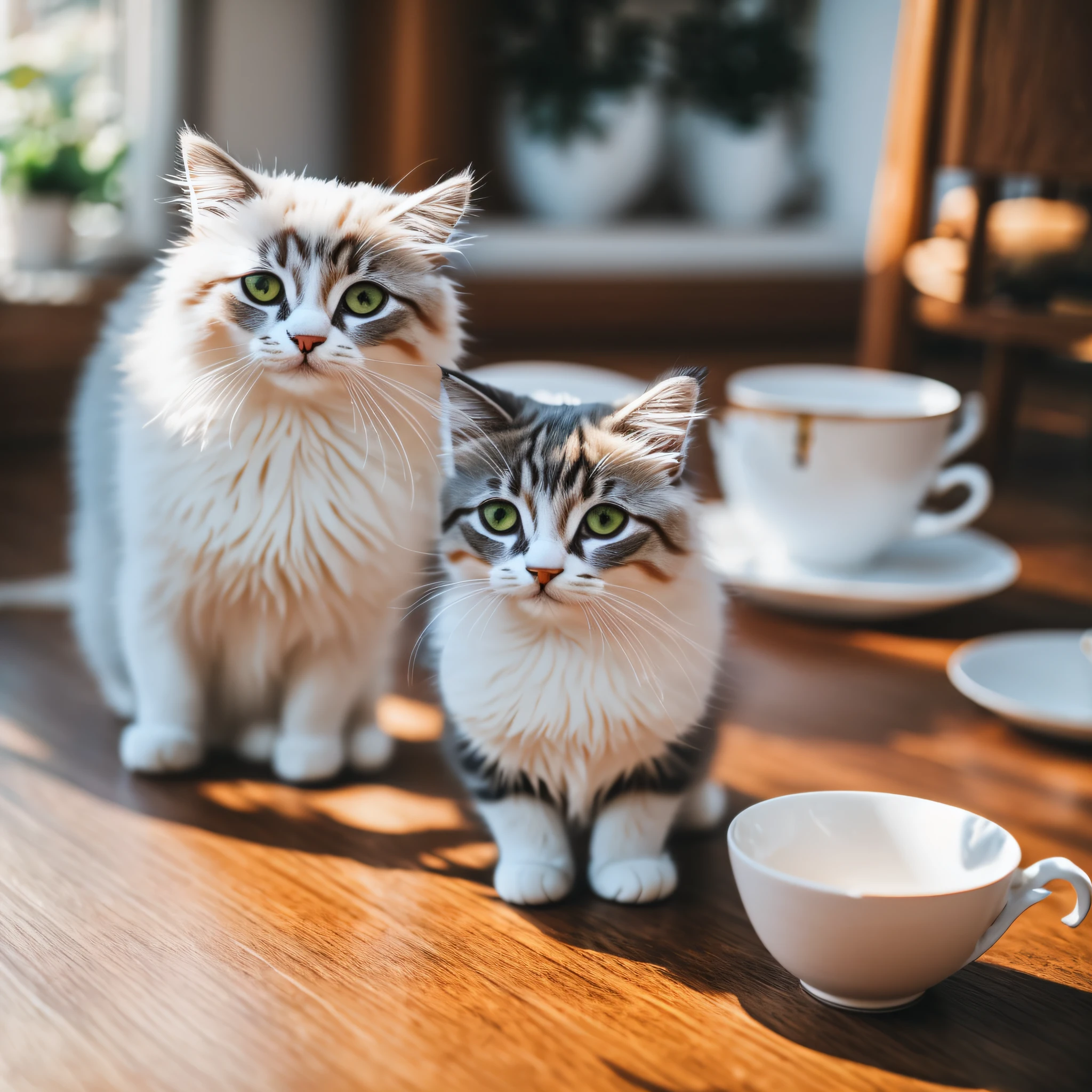 Cat, (Himalayan), (Small)))), in a teacup, Face, Front paws out, 8K, Professional photo, Delicate, Clear, On the table, Inside the house, Sunshine, Light ????, Masterpiece, ((Pretty))), Fashionable Teacup, (Reality), Plush Toy, Round Pupils