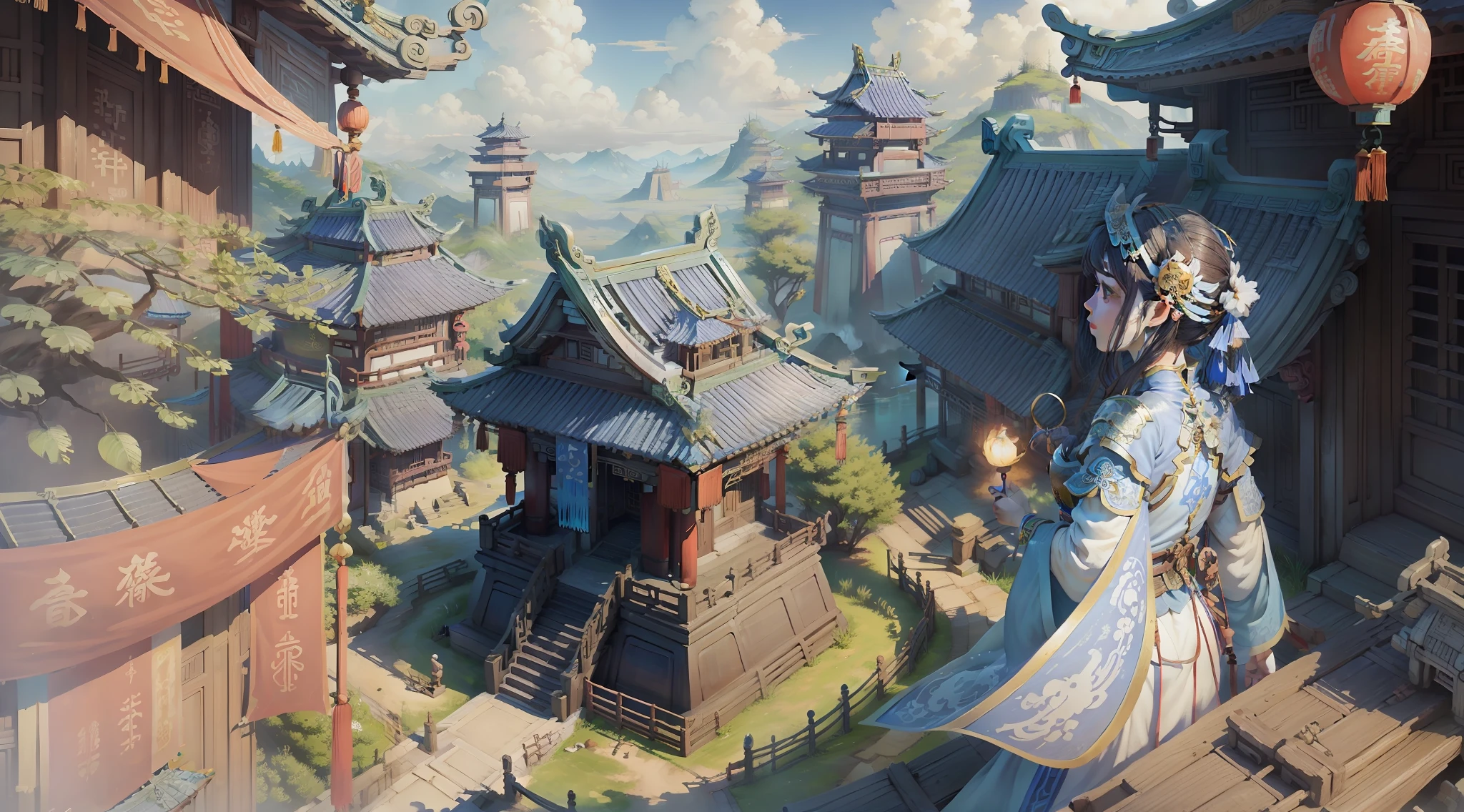 Sky realm, looking up, blue and white tones, bright colors, fairy world, Chinese style, ancient Chinese architecture, science fiction