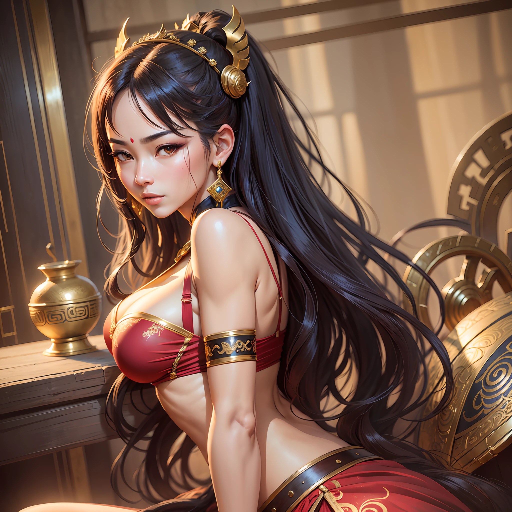 Masterpiece, 4k resolution, ultra-realistic, very detailed) woman posing for photo in ancient Chinese red underwear gold belt posing for a horse, beautiful fantasy queen, ((beautiful fantasy queen)), royal elegant pose, lady palutna, Senna of the League of Legends, seductive portrait of Tifa Lohat, range Murata and Artgerm, extremely detailed Artgerm, beautiful seductive anime woman, Japanese goddess --auto --s2