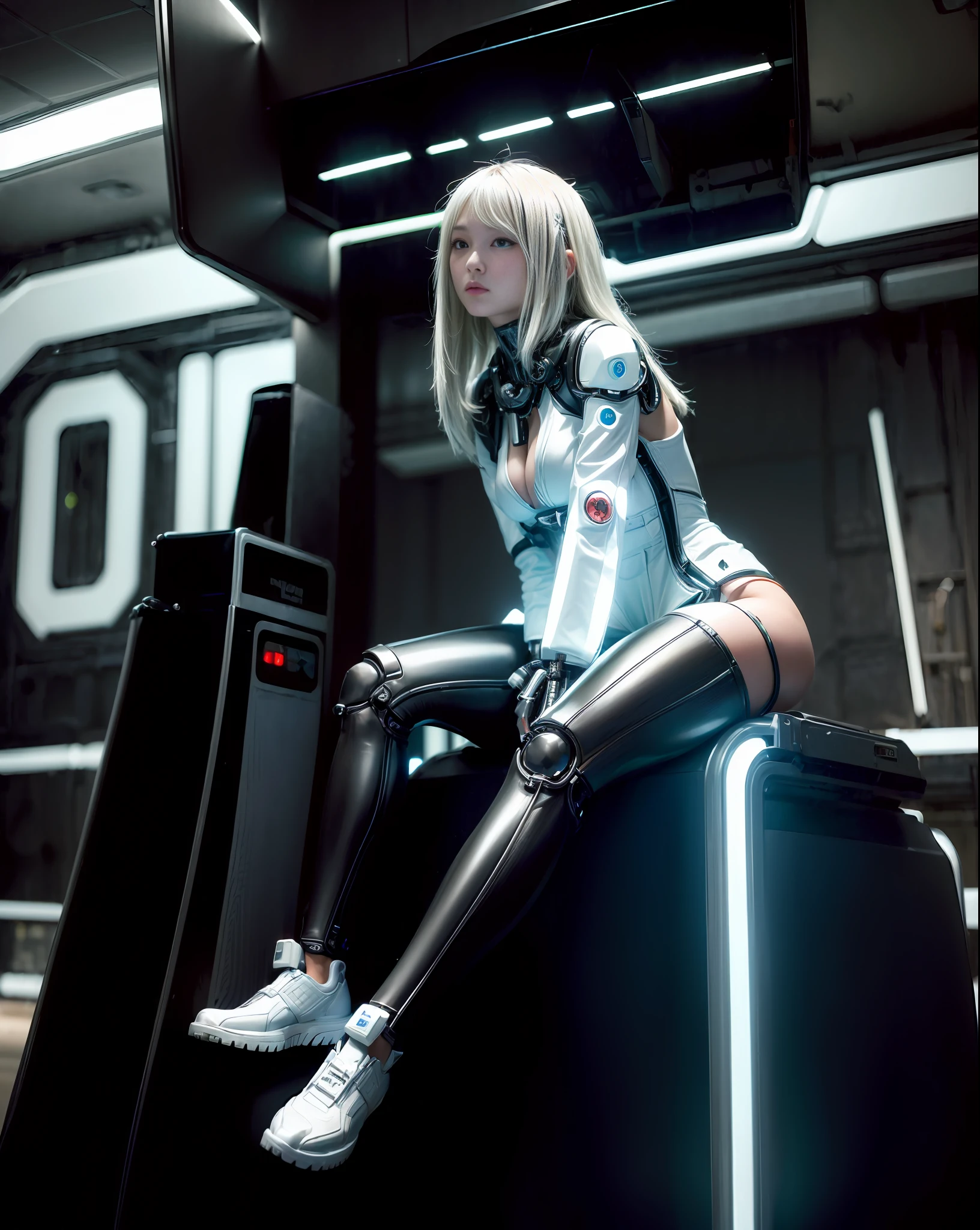 arafed woman wearing white cyberpunk suit, technology hardware on hands, girl sitting on a LED futuristic platform, reflective surface, korean women's fashion model, bae suzy, ulzzang, latex suit white clothing style, krystal, style kim jung gi, heonhwa choe, jinyoung shin, official, cyberpunk environment, neon lights, lens flare, mechanical hands, (mechanical parts:1.5), (masterpiece:1.2), (add more details:1.3), (intricate detail:1.3)