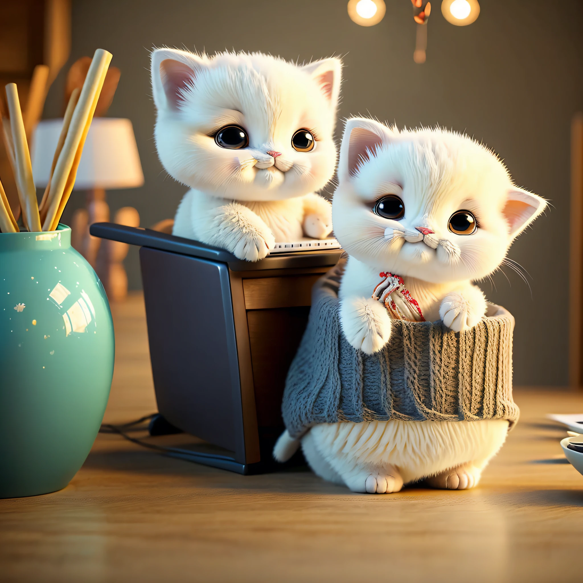 Under the warm light of the home, a cute puppet cat is sitting at the computer desk eating ramen, Disney style, cartoon painting