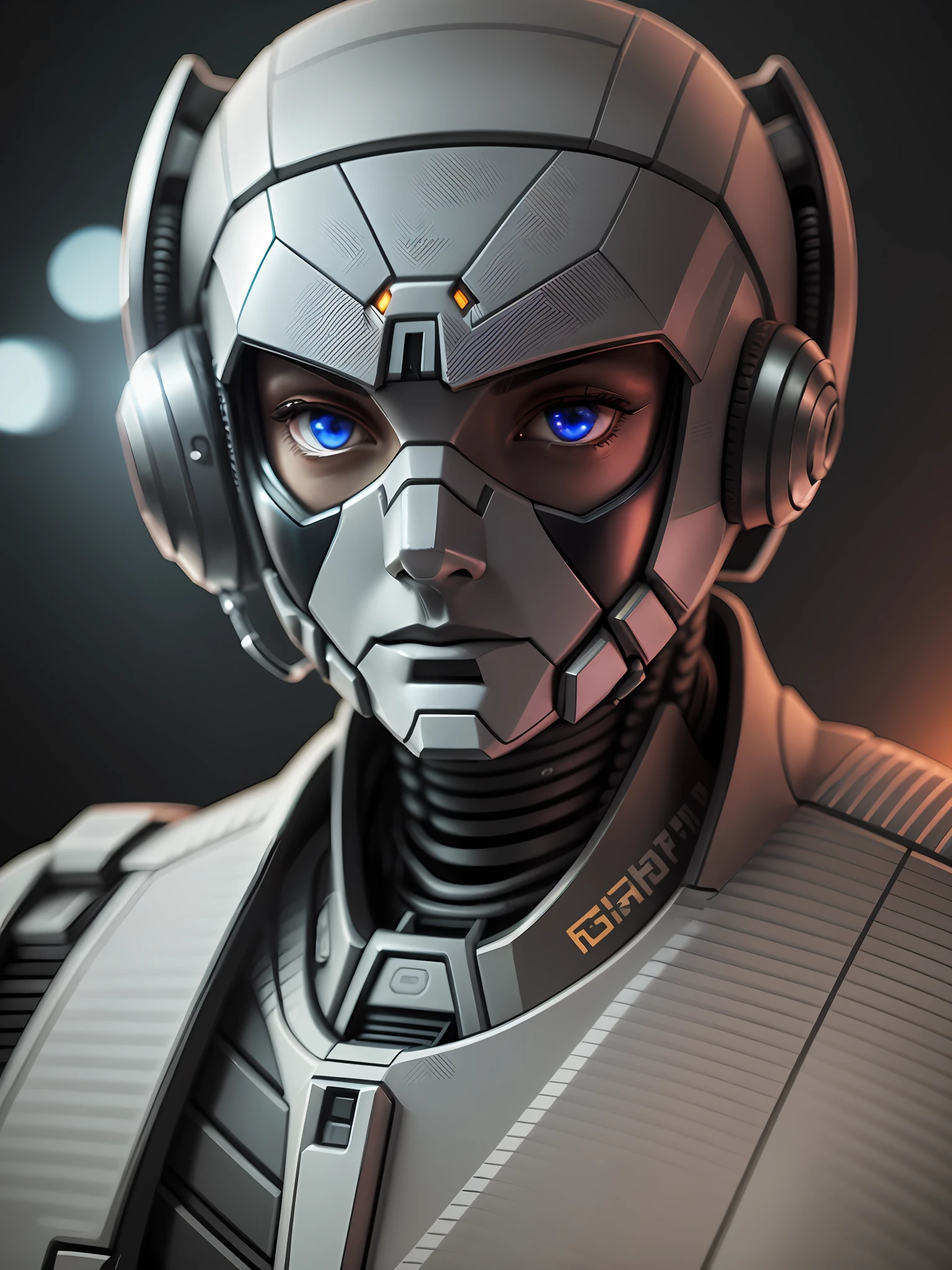 a close up of a person wearing a helmet and headphones, portrait of a futuristic robot, detailed portrait of a cyborg, portrait of an android, attractive sci - fi face, humanoid portrait, cyborg portrait, detailed face of an android, scifi character, sci - fi character, dystopian sci-fi character, portrait of a cyborg, portrait of a robot