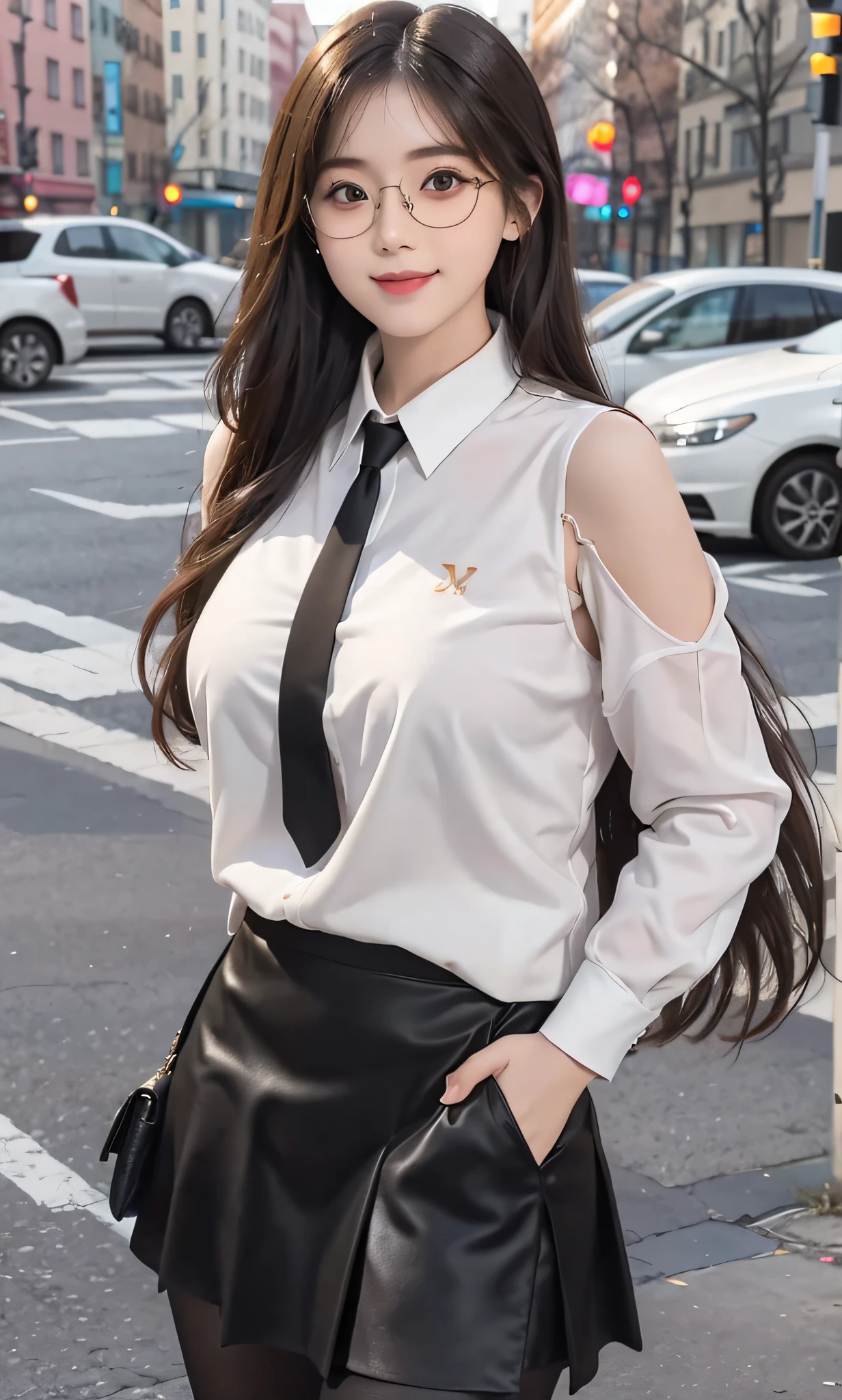 ulzzang-6500-v1.1, (raw photo:1.2), (photorealistic:1.4), beautiful detailed girl, very detailed eyes and face, beautiful detailed eyes, absurd, incredibly ridiculous, huge file size, super detailed, high resolution, very detailed, best quality, masterpiece, (bright smile) ((colorful fashion clothing)), illustration, very detailed, CG, unified, 8k wallpaper, amazing, Fine details, masterpiece, best quality, very detailed CG uniform 8k wallpaper, face light, movie lighting, 1girl, 18 years old, long white hair, side split, (C cups), ((JK clothing)), (with glasses), ((dynamic pose))), (sexy pose))), (camel toe), (full body), (long legs) (pantyhose)), ((black hip skirt)))