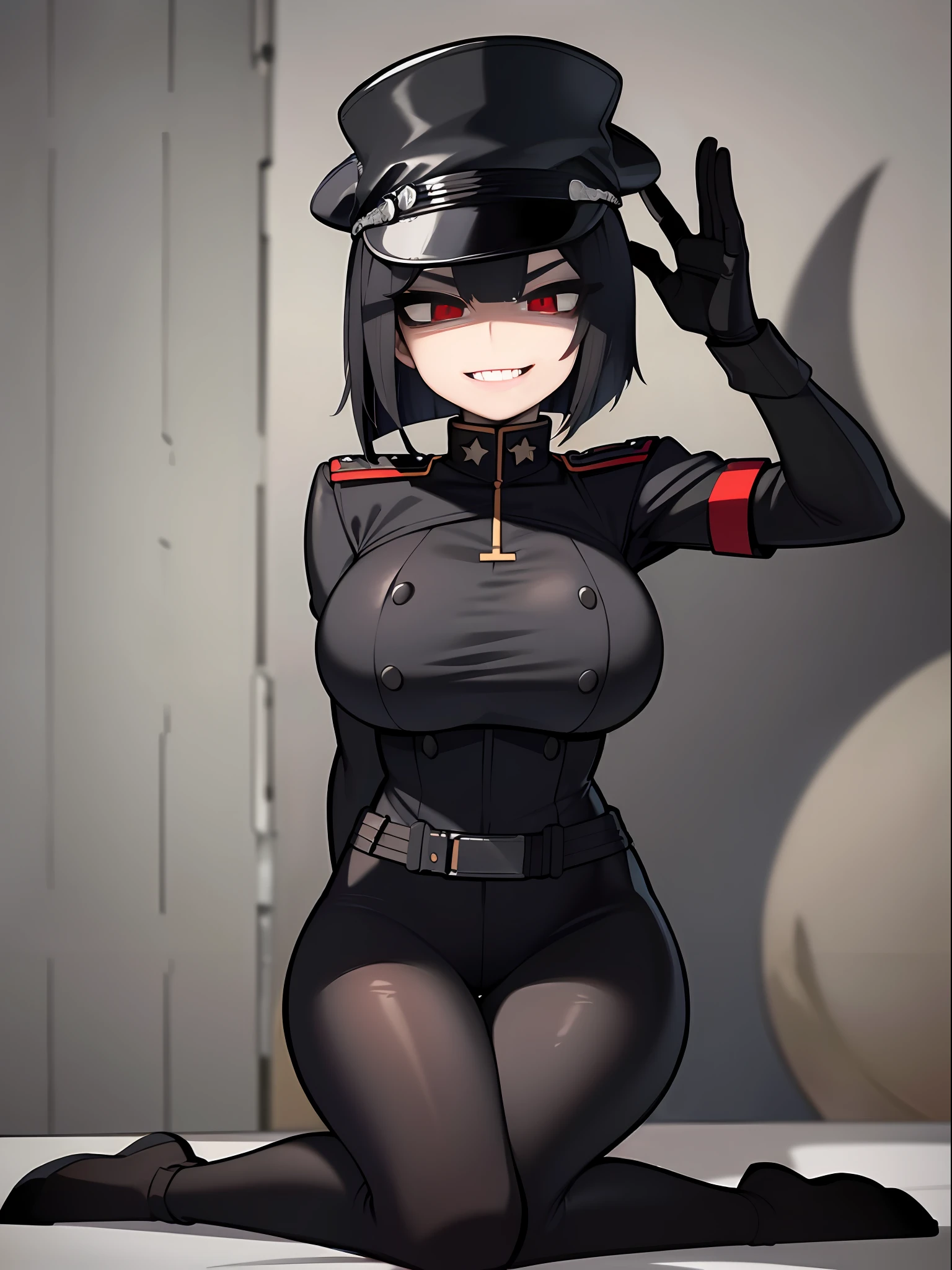 ((Masterpiece, top quality, super definition, ultra definition)), Solo, (Full body), (((only a 27-year-old Gothic woman)), {((official black leather uniform of the German army, wearing a black leather hat of the army))):1.3), ((wearing a black army leather hat)), (((Clear expression of body unevenness)), looking at the camera, (sitting with his back to the wall and bent knees),  female body,  showing ( covered), (( tablets): 1.5), ((large bust):1.5), red eyes, ((black hair bob)), front zoom, horizontal seat, (strong makeup), constricted pupils, black pupils, dark, (detailed hands), ((tall woman)), ((sadistic smile)), sharp focus, dynamic angle, deep shadows, simple background