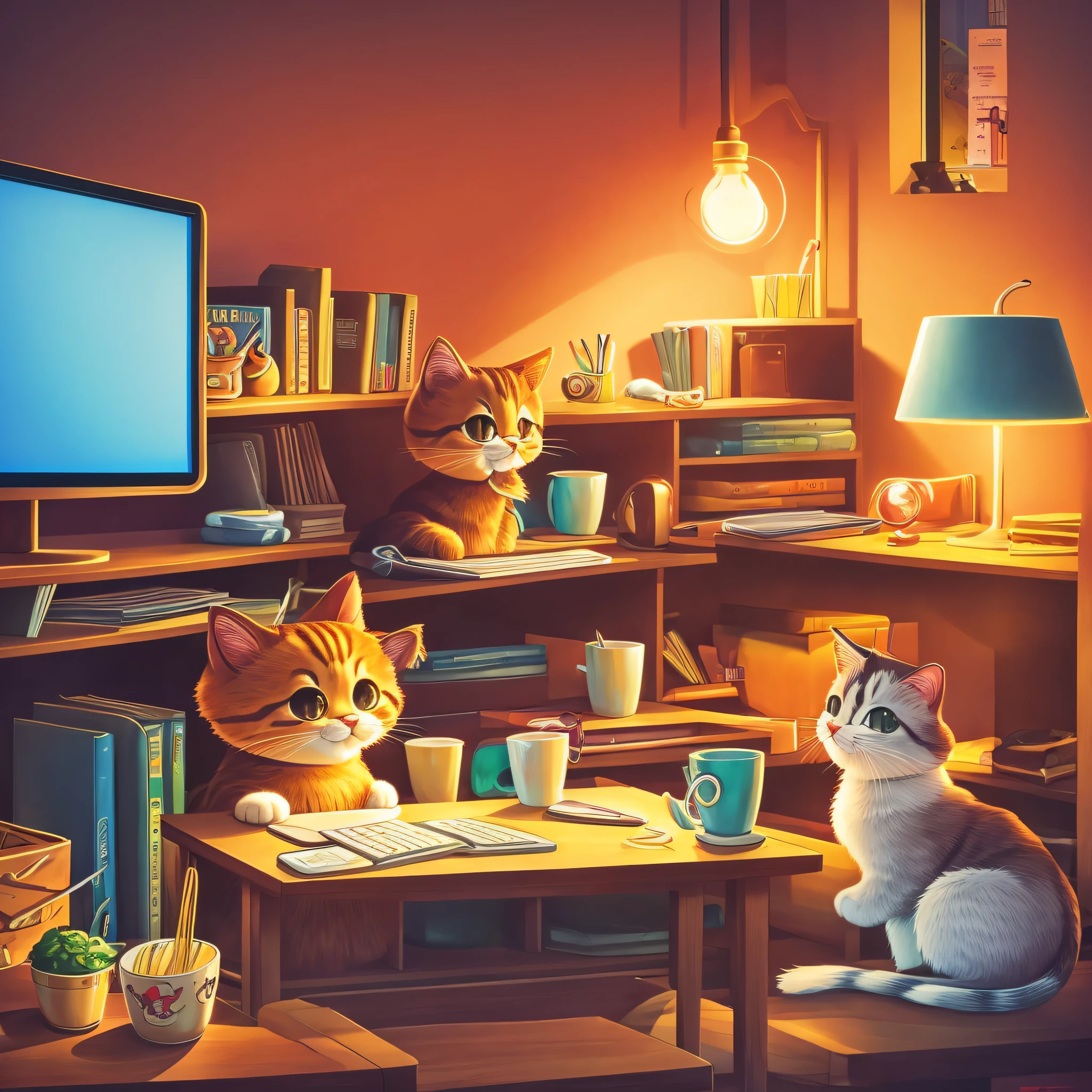 Under the warm light of the home, a cute puppet cat is sitting at the computer desk eating ramen, Disney style, cartoon painting