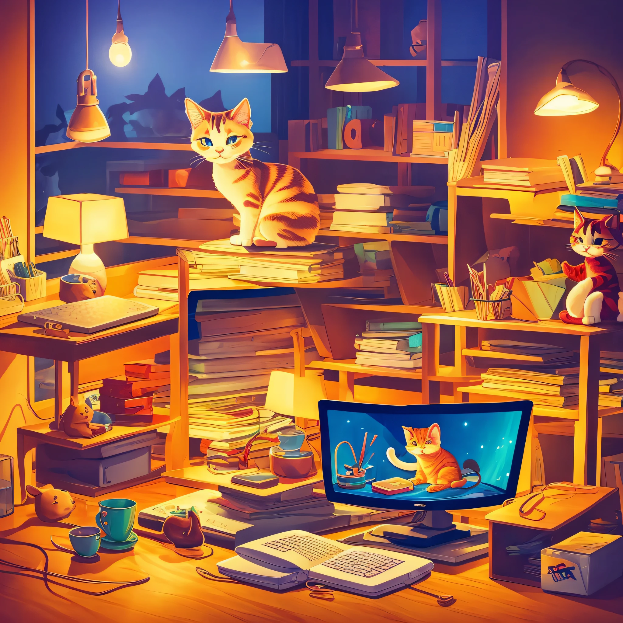 Under the warm light of the home, a cute puppet cat is sitting at the computer desk eating ramen, Disney style, cartoon painting