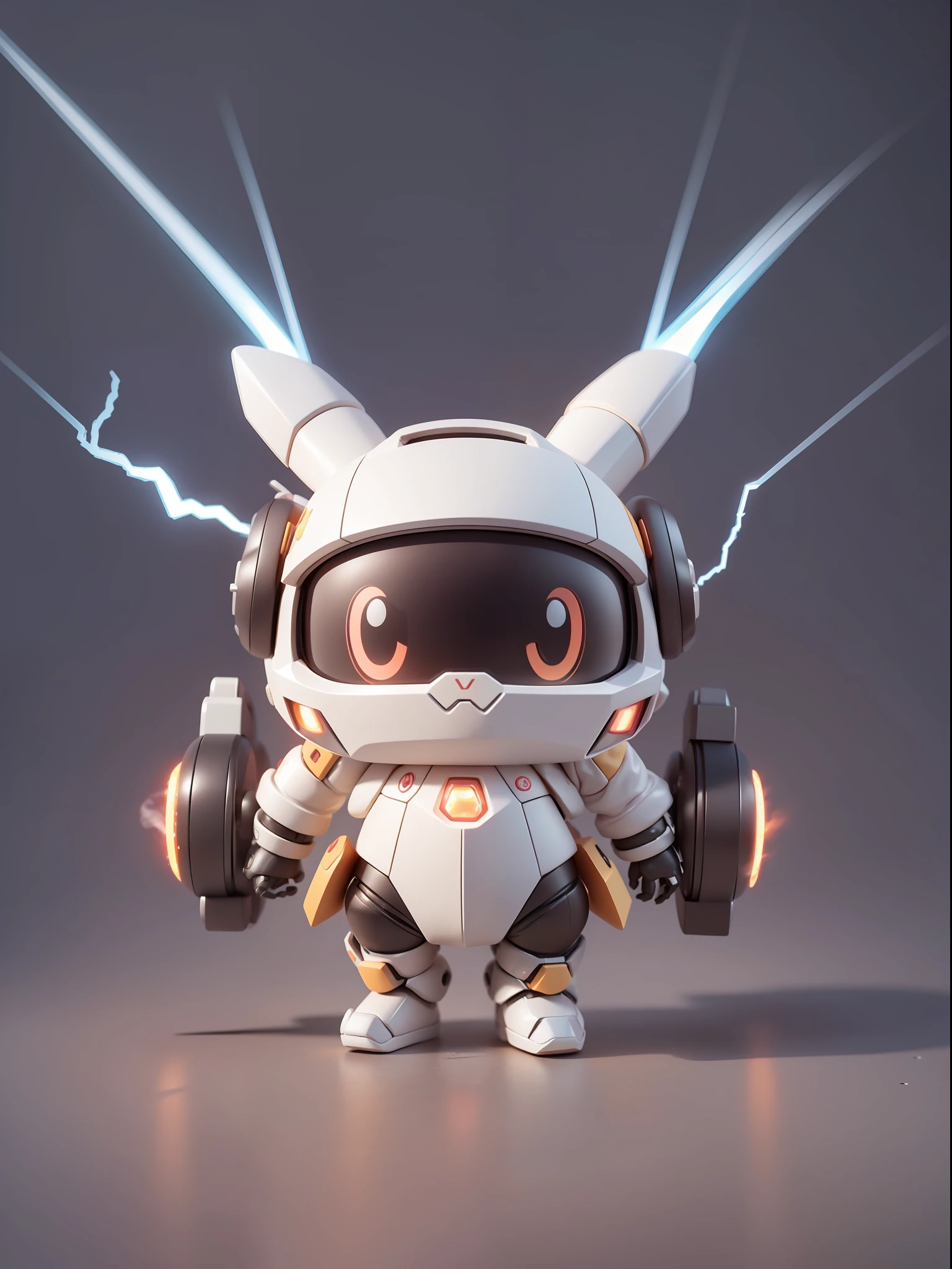 (Mechanical, Bunny: 1.331), (Mechanical Bunny Tail), Cute Style, Small, Big Head, Lava Jet, 3D Rendering, ((Q Version)), Pokémon Style, Machine Style, Cinematic Texture, Figures, Pokémon, Movie Lights, Heavy Robotic Arm, Mechanical Belly, Mechanical Legs, Mechanical Feet, Mechanical Feeling, Background Surround Lightning, Lightning, Cool, Clean White Background, Ray Tracing, Quality Colors, Full Body 3D Model, Action, Stylish Blind Box Toys. (fill body:1.2)，chibi