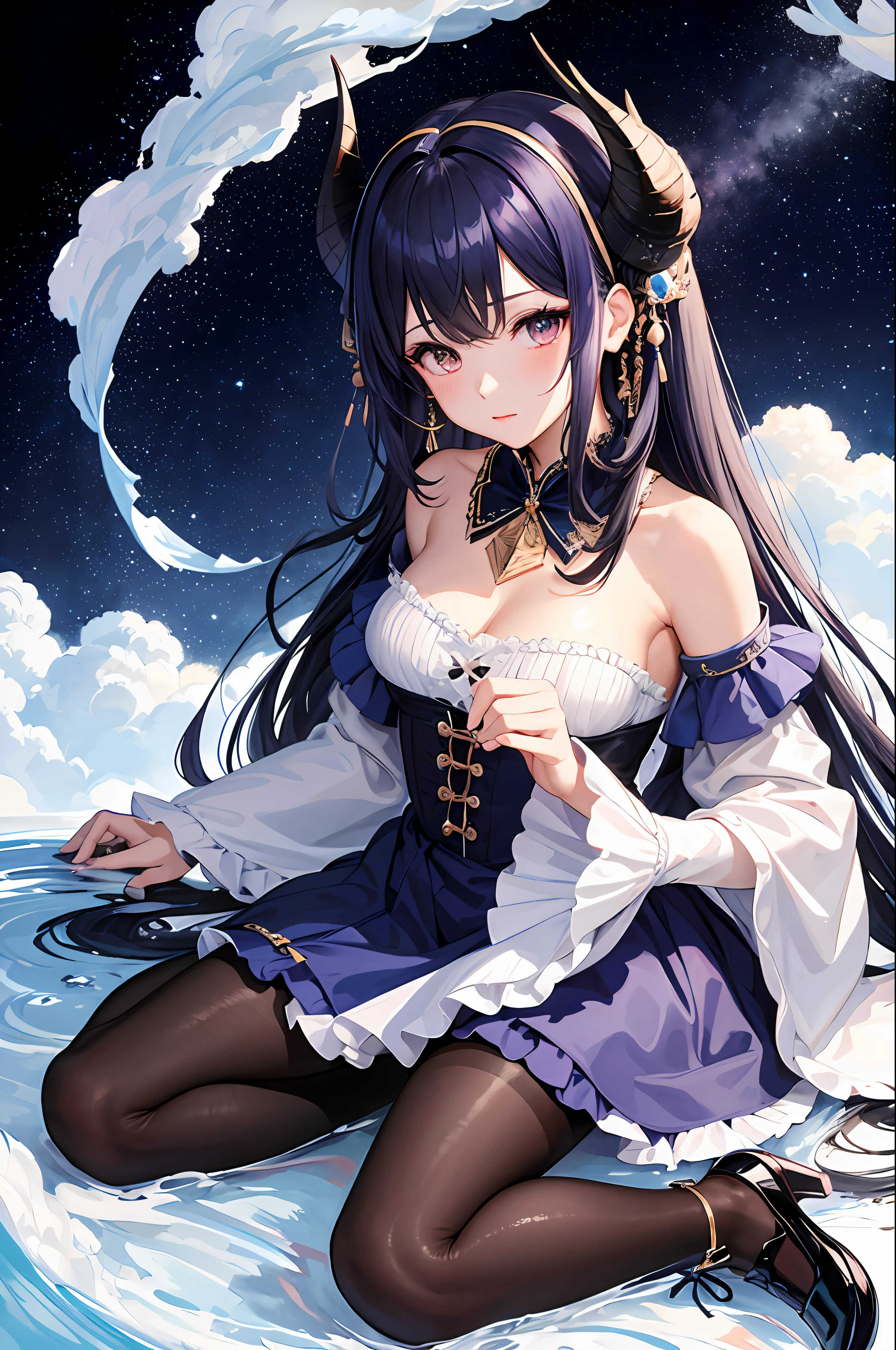 (Masterpiece, Top Quality, Best Quality, Watercolor (Medium), Official Art, Beauty and Aesthetics: 1.2), Bangs, Bare Shoulders, Bells, Black Glove, Black Pantyhose, (Blue Hair), Blush, Beautiful Breasts, Chinese Knot, Off Sleeves, Knots, Gloves, Horns, Long Hair, Lookout, Mid-Chest, Neckbell, Pantyhose, Purple Eyes, Seam, Solo, Tassels, White Sleeves, (ulzzang-6500:0.5) , Complex, High Detail, Water, Liquid, Clouds, Colorful, Starry, Stars, stockings, star diamond galaxy, flower dowry ta shoes, bow shoe clips;