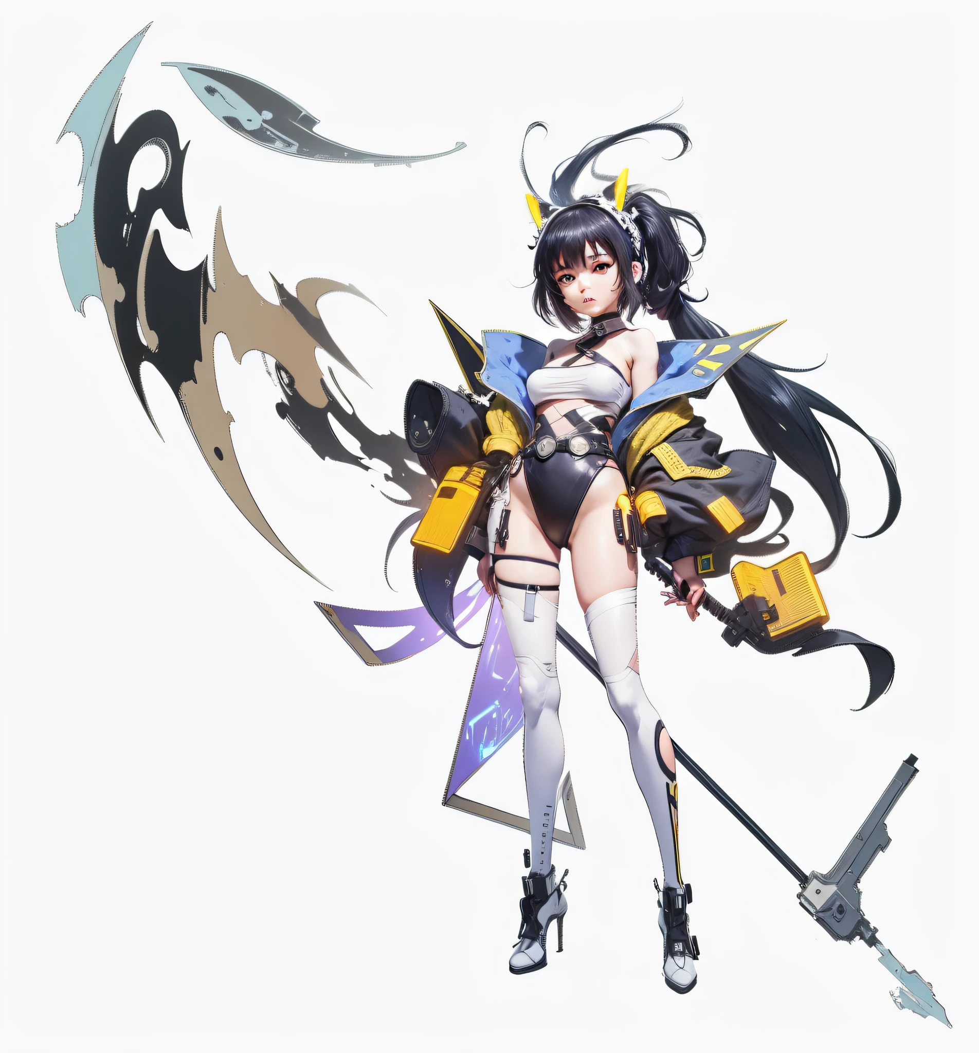 A , bandage wrapped around thigh root, futuristic technology, crescent-shaped weapon, double ponytail, cyberpunk, contemptuous emoji, blank background, character standing painting, high precision, character design --auto --s2