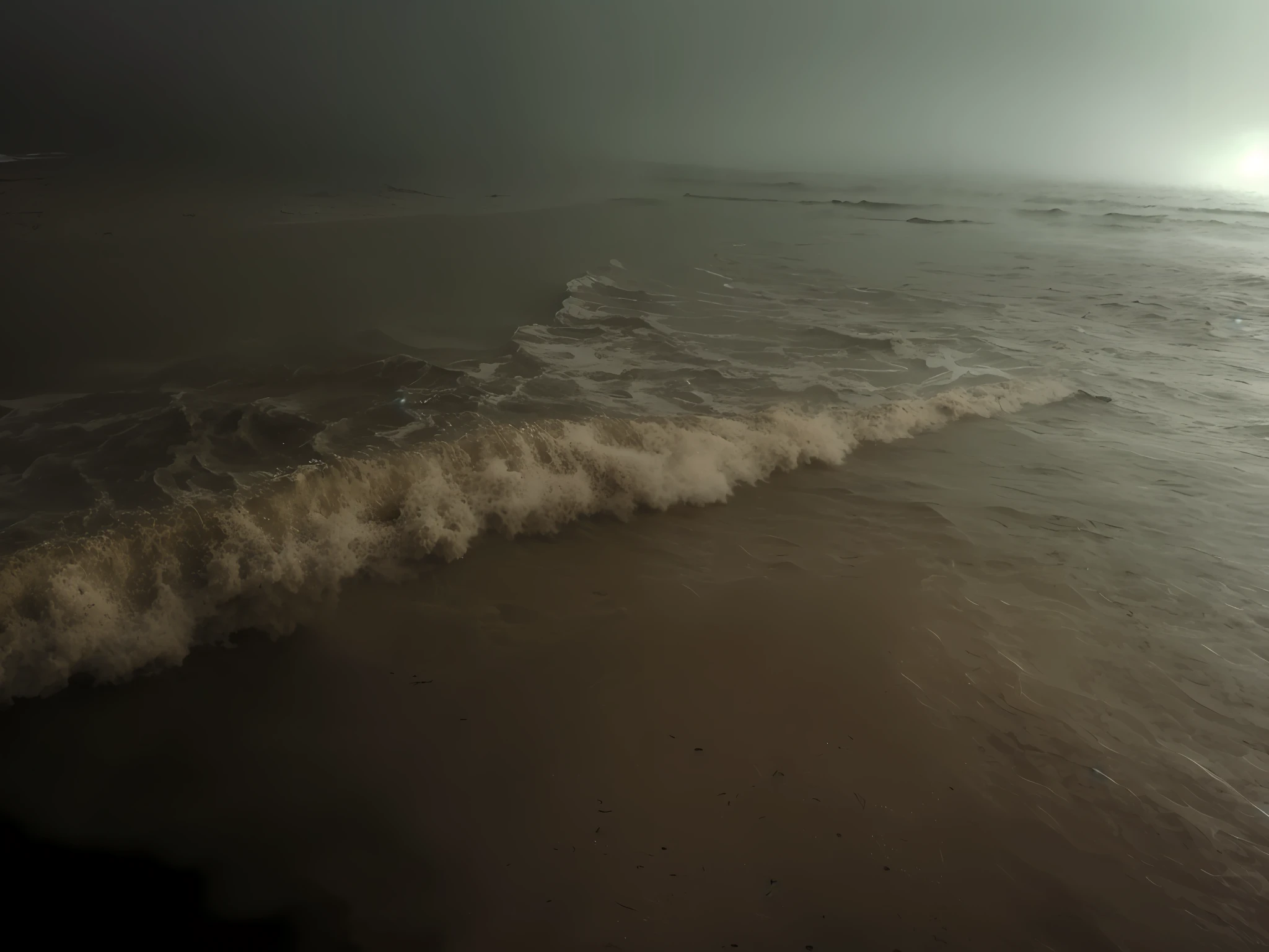 Riding the wind and waves on a foggy day, sand fog, glare on the surface of the water, black fog water, water mist, dust and sand in the air, ominous sea, swirling whirlpools of ground fog, hazy water, swirling sand, beautiful dark beach landscape, maybe small waves, murky water, grainy low-quality photos