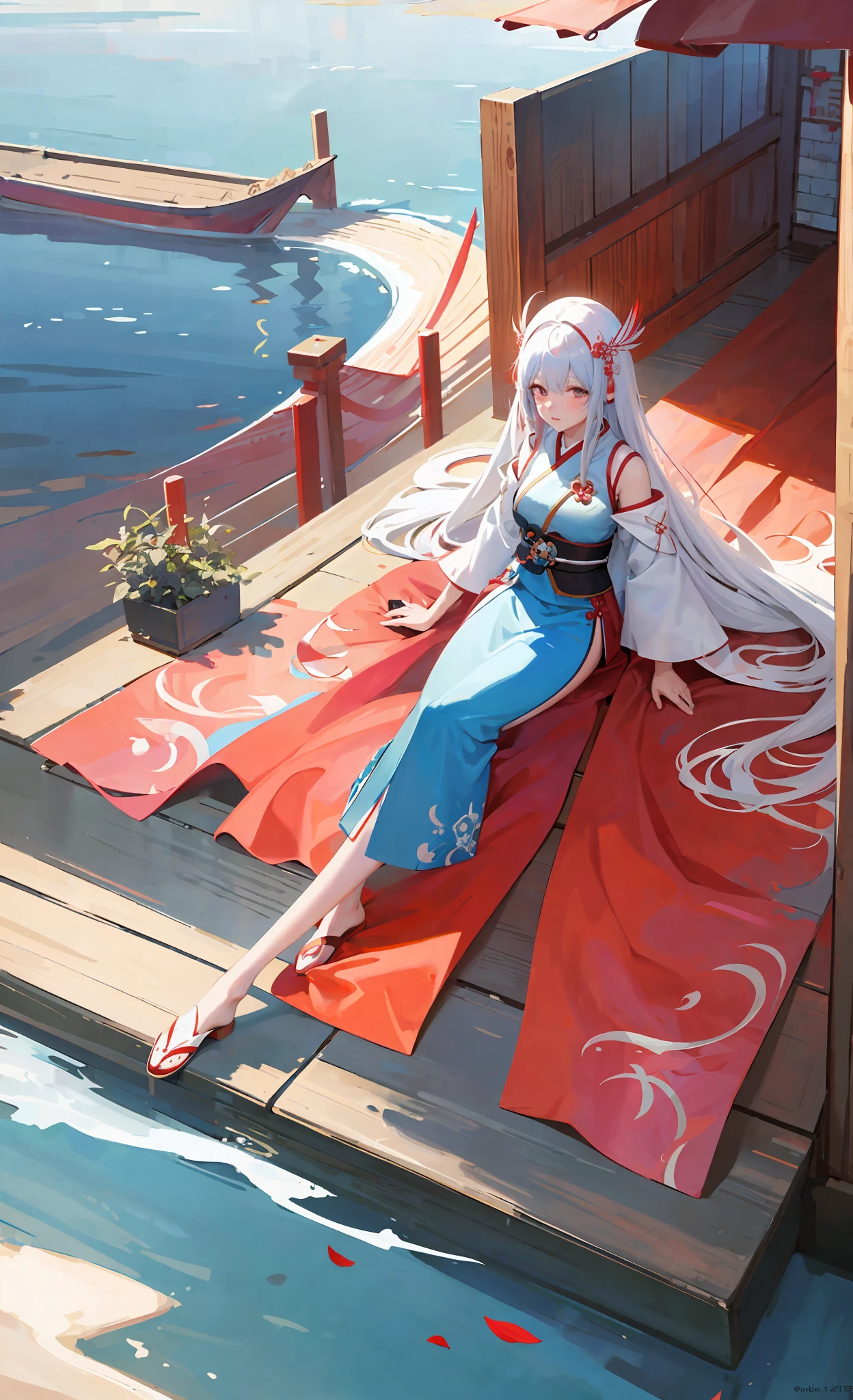 anime girl with long white hair and blue dress with red feathers, white haired deity, palace ， a girl in hanfu, anime style 4 k, anime art wallpaper 8 k, onmyoji detailed art, guweiz, anime art wallpaper 4 k, anime art wallpaper 4k, guweiz on pixiv artstation, onmyoji