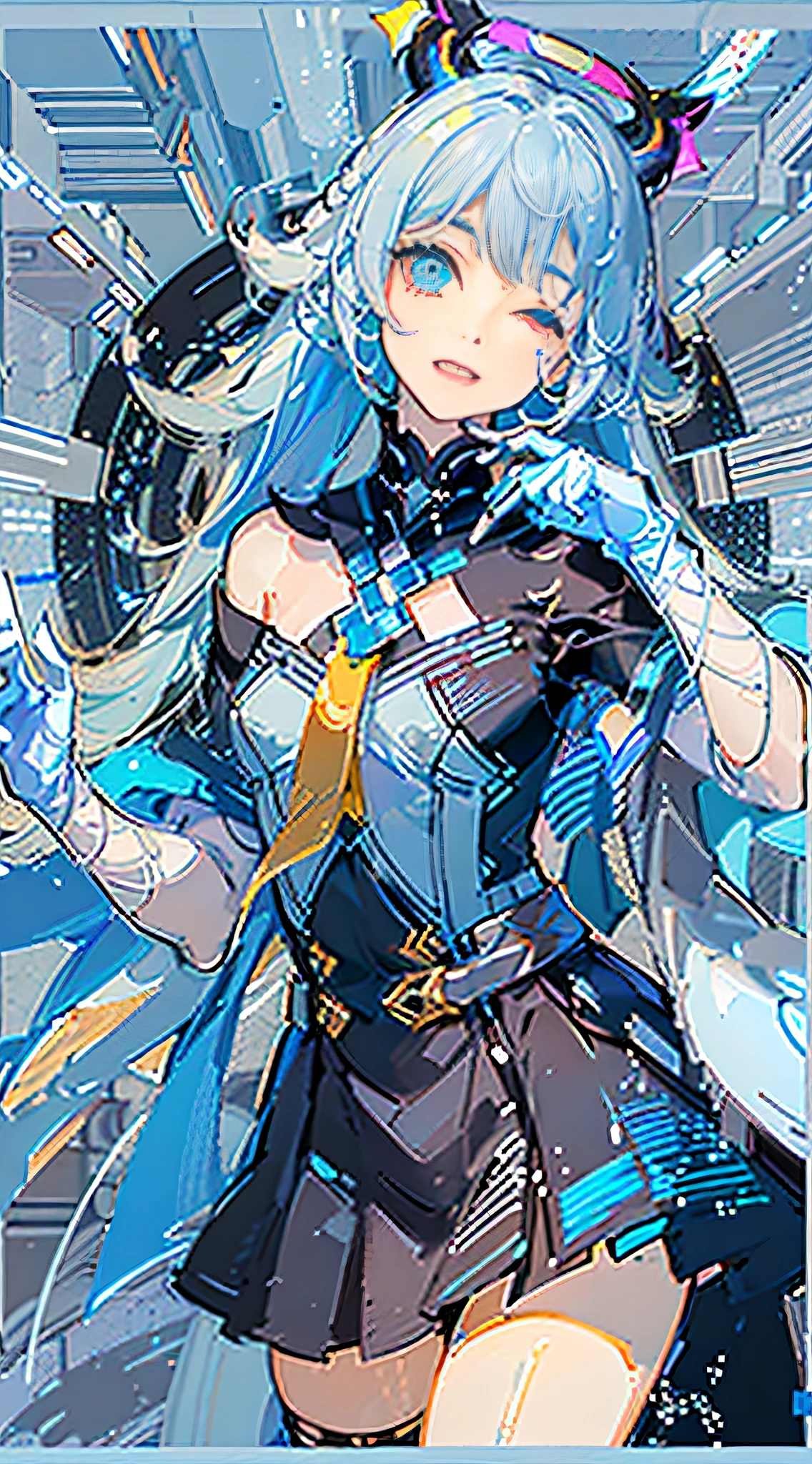 (Highest Quality), (Masterpiece), (Super Detailed), (Eye Detail: 1.0), (Lens Flare: 1.0), (Movie Poster: 1.0), (Tarot Border: 1.0), Portrait Center, (Closeup: 1.0), (Negative Space: 0.8), (Negative Space: 1.6), (Solo), (Floating Color Mesh: 1.0), (Many Color Spikes: 1.0), (Floating Droplets: 1.0), ( Water Magic: 1.0), (Dappled Sun, Rays, Caustics: 1.2), (Iridescence: 1.0), (Beautiful Detail Halo: 1.0), (Lean Back: 1.2), (Grim Expression: 1.0) ,(small:1.0),(open mouth:1.0),(eyelashes),one eye closed,(light blue hair:1.4),(long hair:1.0),(facing viewer:1.3),(head tilt : 1.0), (dynamic pose: 1.1), (asymmetrical hair: 1.2), (orange, (casual, casual), (layered skirt), (gray eyes: 1.4), oblique bangs, high double ponytail, diamond hair ,long coat,(flowing cloak: 1.0),,(abstract background:1.4),(:1.1),(jump:1.1),(tan:1.1),(upper body:1.25),thinking,pupil,++,co-feather , strapless, tights, (white gloves: 1.3), black and red double horns, sleepy
