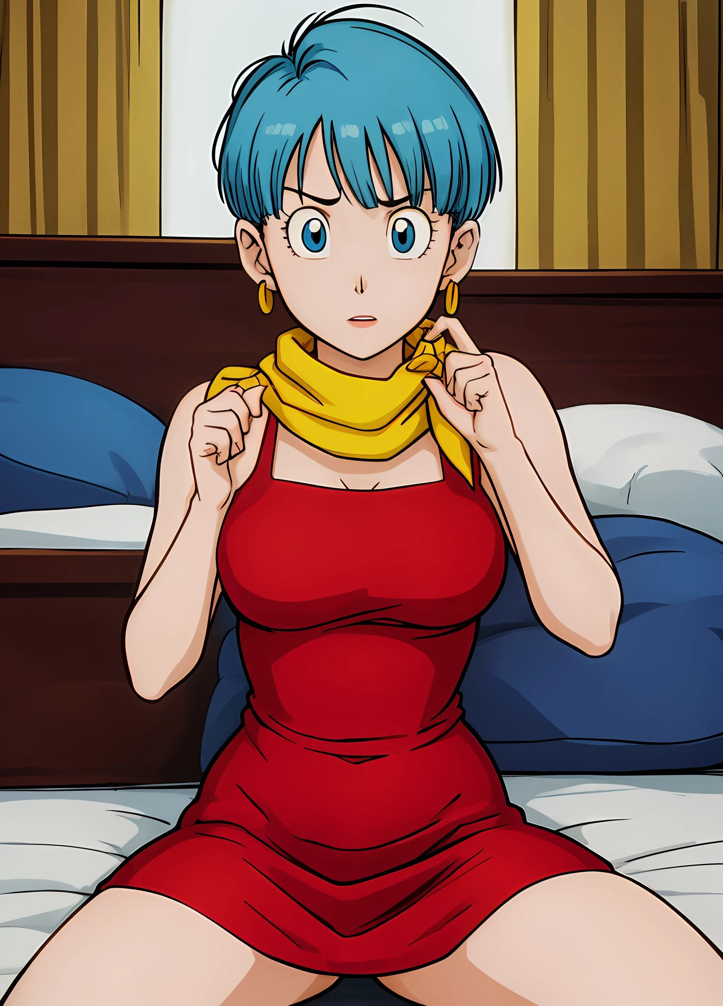 masterpiece, best quality, highest quality, (photorealistic), perfect anatomy, perfect face, perfect eyes,
bulmadbzreddress, aqua hair, red dress, short hair, blue eyes, yellow scarf, sleeveless, earrings, sexy pose, 1girl, on bed, lying, lying on bed, sexy pose