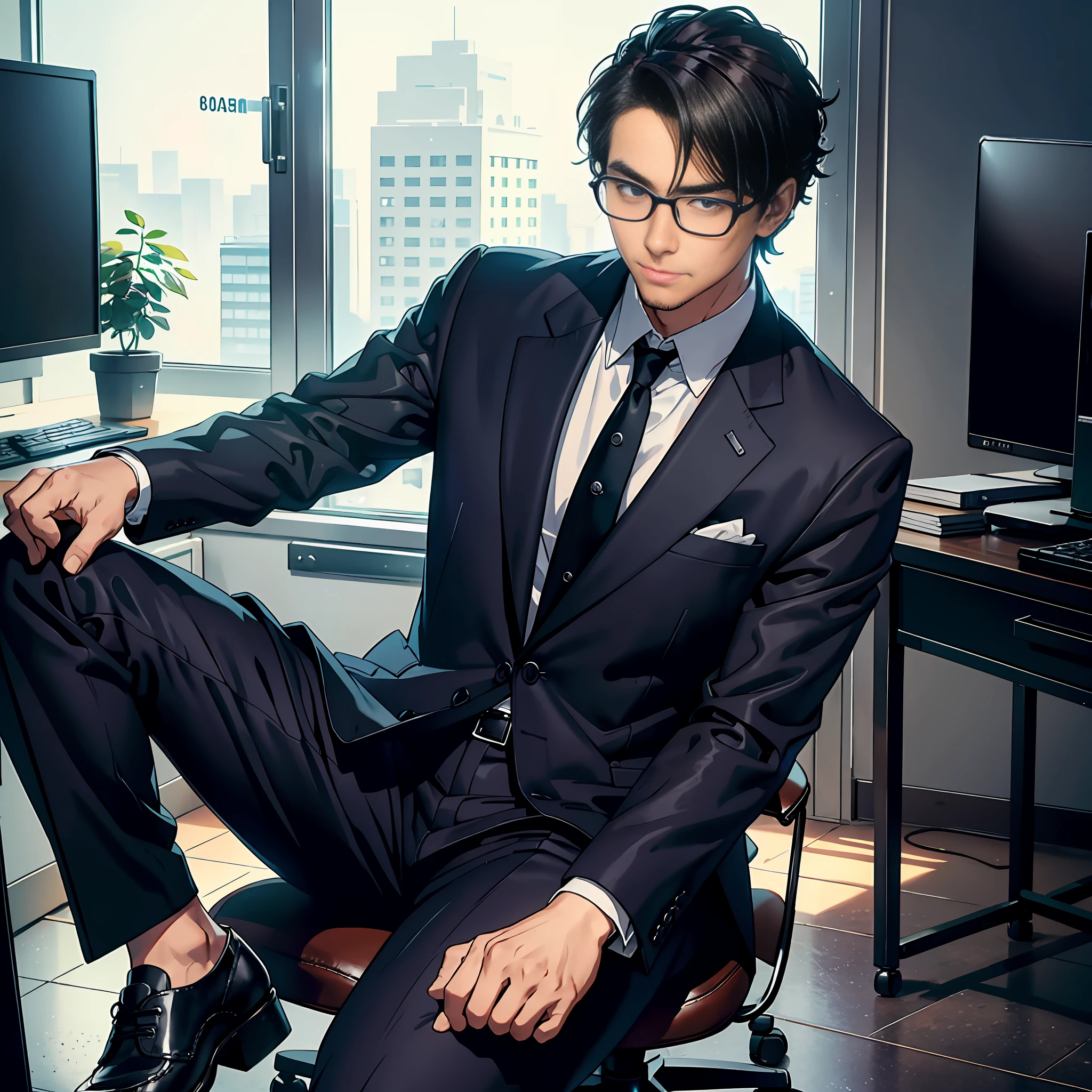 A man, happy to work, wearing a suit and leather shoes, sitting at a desk to work, daytime, office, colleagues, fine facial portrayal, fine clothing portrayal, ultra HD, 8K, vista, full body photo.