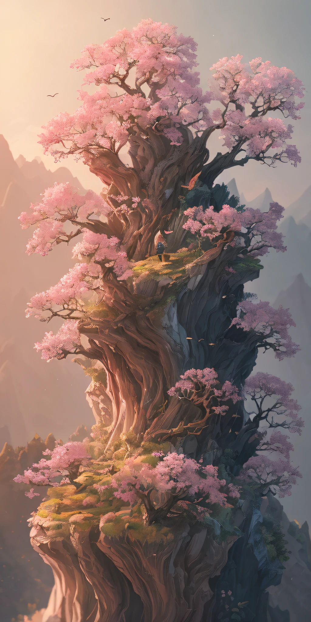 there is a tree that is growing on a mountain with a bird flying by, ross tran. scenic background, 4k highly detailed digital art, low detailed. digital painting, detailed painting 4 k, made of tree and fantasy valley, chengwei pan on artstation, wlop and ross tran, fantasy tree, 4k detailed digital art, very detailed digital painting