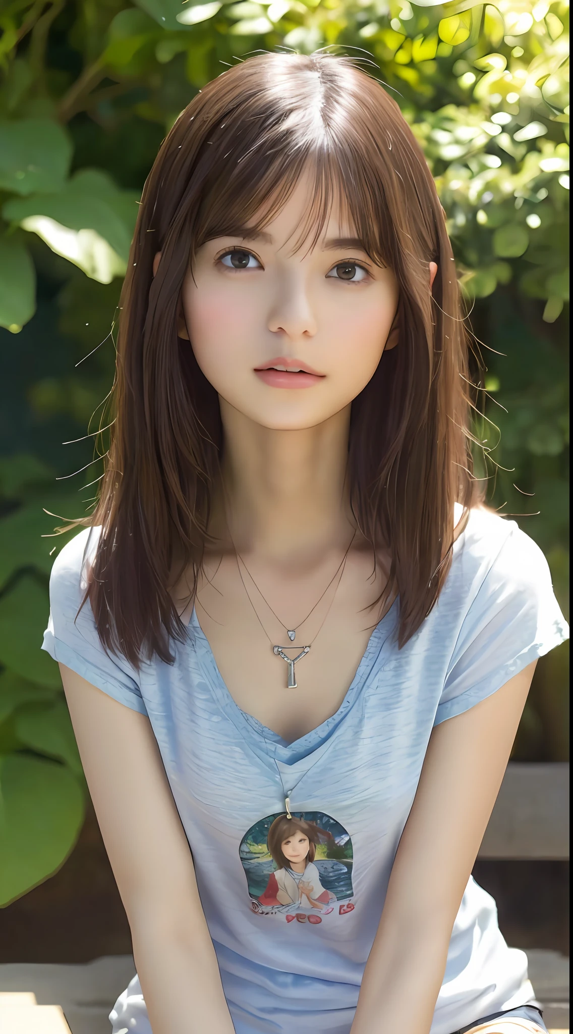 (top quality, 8k, masterpiece: 1.3), pretty woman with perfect figure: 1.4, dark brown hair, small breasts, wearing pendants, torn shorts and V-neck T-shirt, sitting on a bench, in the garden, very detailed face and skin, detailed eyes, double eyelids