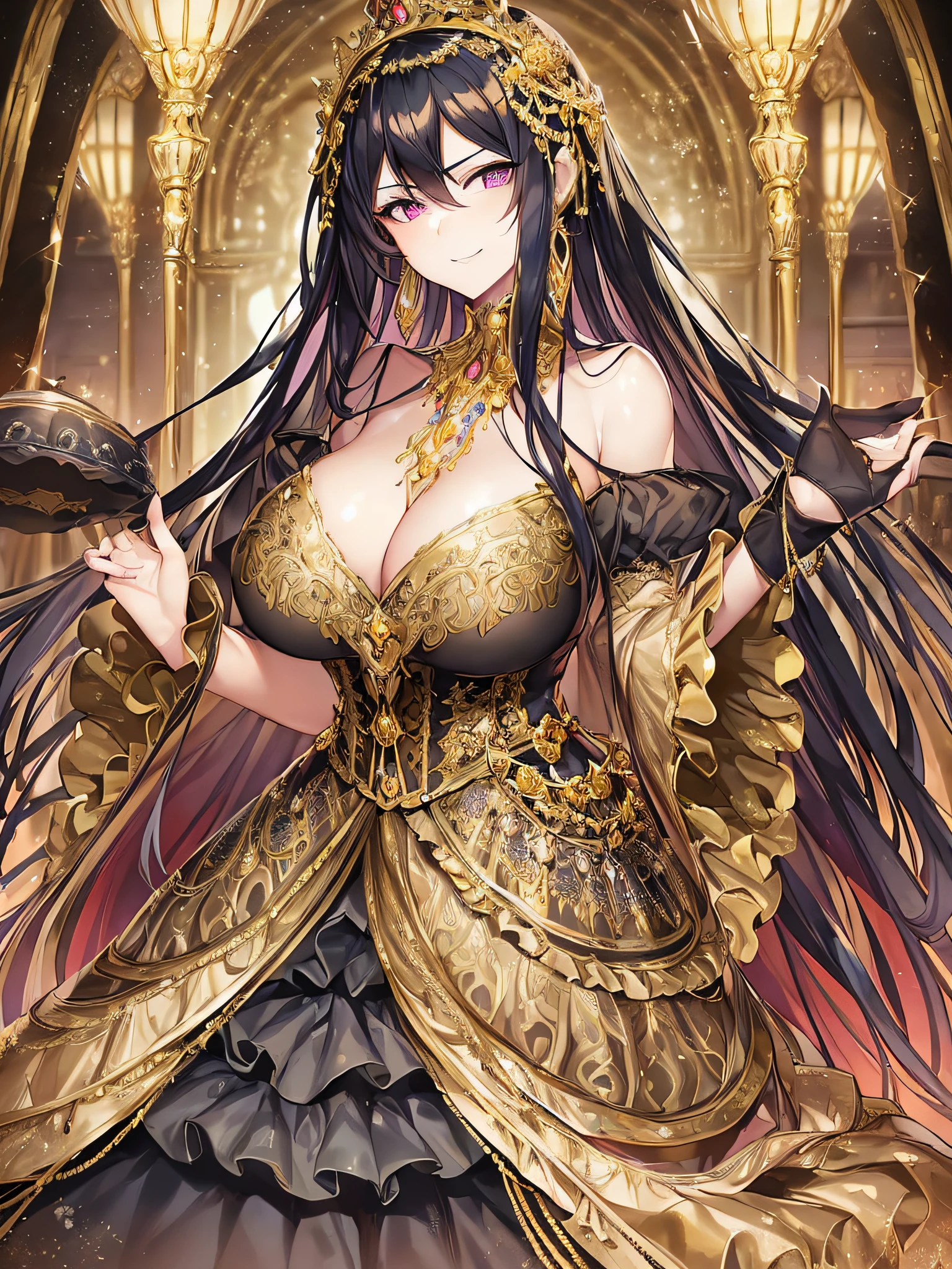 ((anime moe artstyle)),((Masterpiece)), (Best Quality), (Super Detail), Illustration, (((Very Delicate and Beautiful))),Dynamic Angle,Looking at viewer,((((Solo)))),(((Full body))),(((1 arrogant empress wearing gorgeous black ballgown with gigantic breasts))),(standing),dominant pose,(arrogant),(((haughty smile))),Purple eyes,((Sharp eyes)),Detailed Face, Long Eyelashes,Jet Black Hair,Straight Hair,((Very Long Hair)),((Bangs between eyes)),((((gigantic breasts,Huge breasts,Bulging breasts,Long breasts)))),cleavage,((skindentation)),curvy,See-through,(((luxurious lace and ruffled black and gold rococo ballgown adorned with abundant jewels and gorgeous embroidery))),(((voluminous black and gold rococo dress with a flared hemline))),(fluffy rococo ball gown with gorgeous embroidery and lace),((gold trim)),(((hoop skirt))),long skirt,corset,crinoline,opera gloves,Beautifully Gorgeous jeweled big tiara,Beautifully Gorgeous gem earrings,Beautifully Gorgeous jeweled necklace,Beautifully Gorgeous jeweled ornaments,indoor,light particles,royal palace,