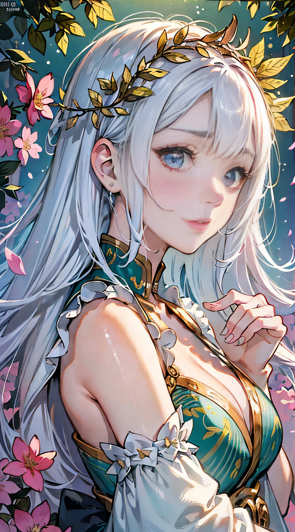 (best quality), oriental detailed background,, ((masterpiece)), (((best quality))), ((ultra-detailed)), ((disheveled hair)), (1 girl), (solo), (beautiful white young beauty girl), korean idol, (whole body), dynamic angle, beautiful detailed eyes, hairs between eyes, (small head), (cannon EOS 5D MARK III, 50mm Sigma f/1.4 ZEISS lens, F1.4, 1/800s, ISO 100:1), nsfw, masterpiece, best quality, asymmetrical bangs, hair behind ear, hair over one eyebrow, delicate facial features,1girl, white hair, red bridge hair, eromanga, Urban_Fantasy, alchemist,, ((cinematic light)), ultra detailed, best quality, absurdres, high resolution, (extremely detailed 8k wallpaper), ((an delicate and beautiful)), pixiv, hyper detailed, best anatomy, illustration, no human, (((masterpiece))), ((highres)), ((high quality)), (intricate details), (fantasy), detailed forest, (colorful various leaves), ((rainbow)), (liquid), best shadow, sunlight, hollow, colorful, pink petals, gold leaves, (blue leaves), lens flare, pastel color,