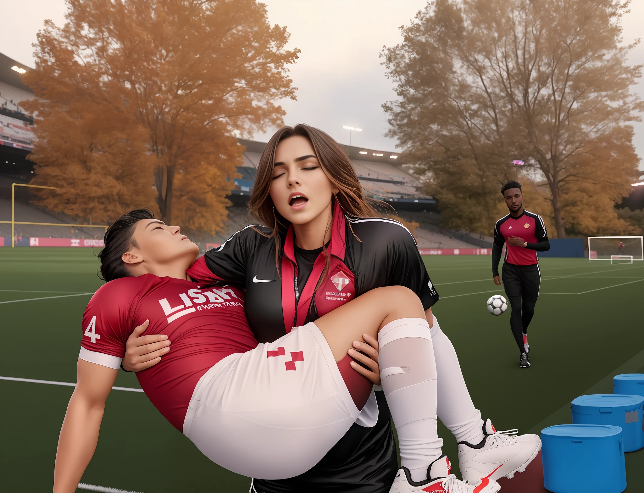 soccer action pose, cradle-carry-pose, first-aid in a sports stadium, affection pose, lecherous action pose, dramatic action pose, theatralic pose, there is a attractive woman that is carrying a wounded athlete, there is a beautiful woman in a shiny black outfit who is carrying a shorthaired young man in her arms, a longhaired beautiful woman in a high-shine black catsuit, a longhaired woman in a shiny black dress, a woman is carrying a shorthaired man who is wearing a sports outfitt, a weak man in sports shorts is consciousless and needs to be carried, a shorthaired man with closed eyes is carried piggyback a longhaired woman, a woman looks very scared and terrified, a consciousless man with closed eyes is suffering very much and has a very painful face, photo, photo shoot, photographed , accident, help, aid, first aid, pity
