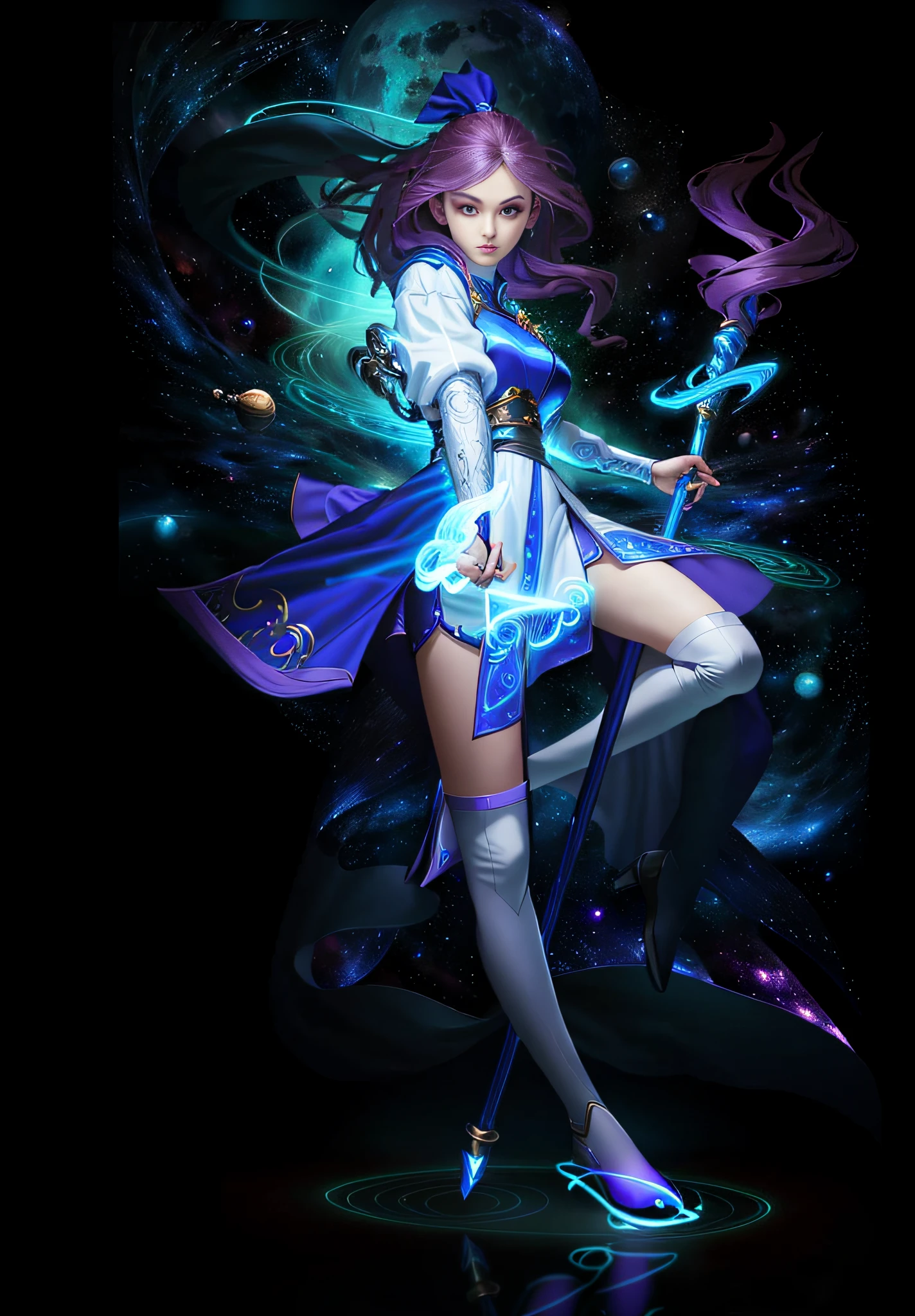 Best quality, high resolution, a girl with a staff, sharp line art, clean line art, female mage, detailed full body concept, as DND character, DND character concept, full body concept, character pose concept art, clear costume design, complex fantasy character, space background, planet background