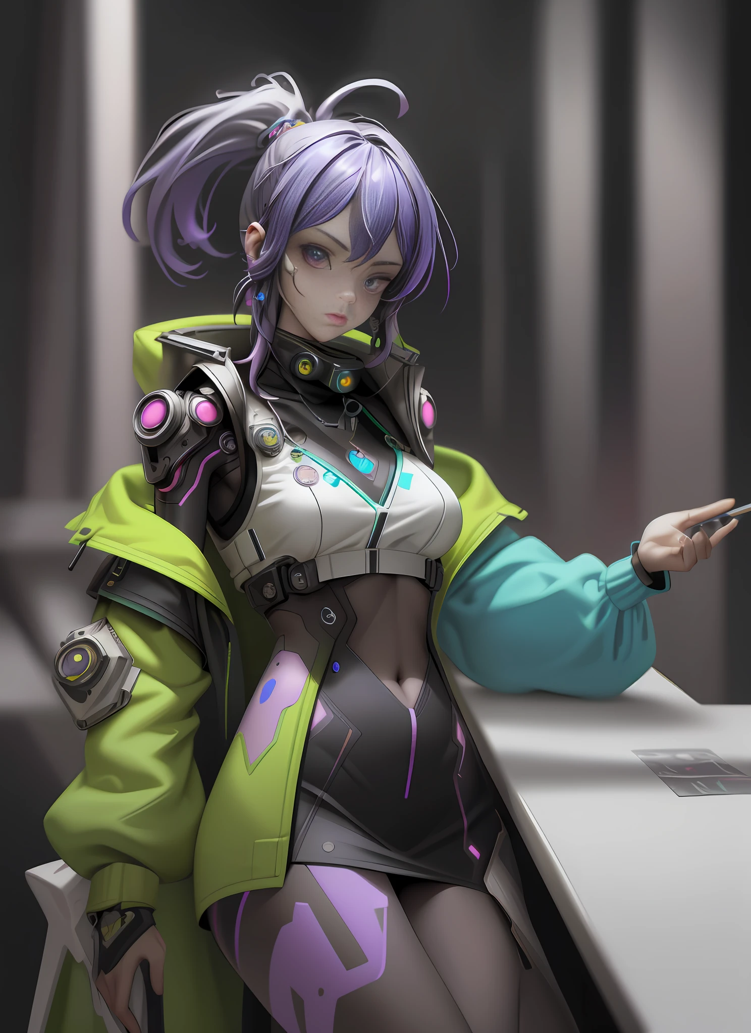 (Extremely detailed CG unity 8k wallpaper, masterpiece, best quality, super detailed), (best lighting, best shadow, extremely refined and beautiful), floating, dynamic angle, (1girl), (cyberpunk style, neon), (red: 1.3 + purple + green: 1.2+ Blue: 0.9) Hair, (Cyberpunk Attire: 1.3), Metallic Silver Accessories, Glowing Eyes, High Resolution, 3D Art, Unreal Engine 5 Style, Clear Lines, Good Facial Features, Good Eyes, Blue-Purple Gradient Eyes, Psychedelic, Chaos, Brushstrokes, Abstract, Printed Circuit Board