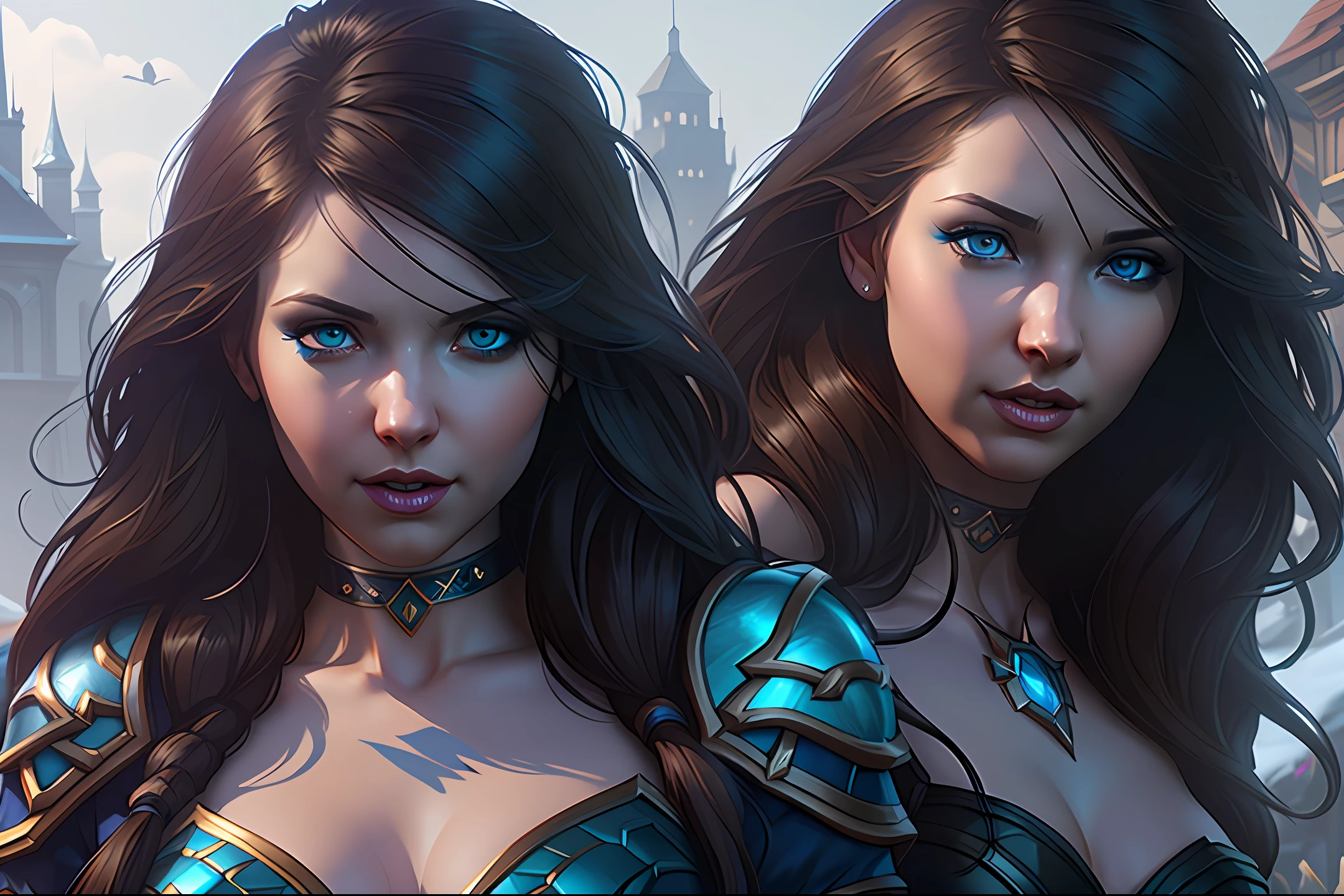 sexy cute woman, beautiful eyes, photorealistic face, photorealistic eyes, choker, portrait, intricate detailing, fantasy, d & d, by greg rutkowski and raymond swanland, boobs, sharp focus, trending on artstation, 8 k realistic digital art, cryengine, symmetric, league of legends splash art, concept art, frostbite 3 engine