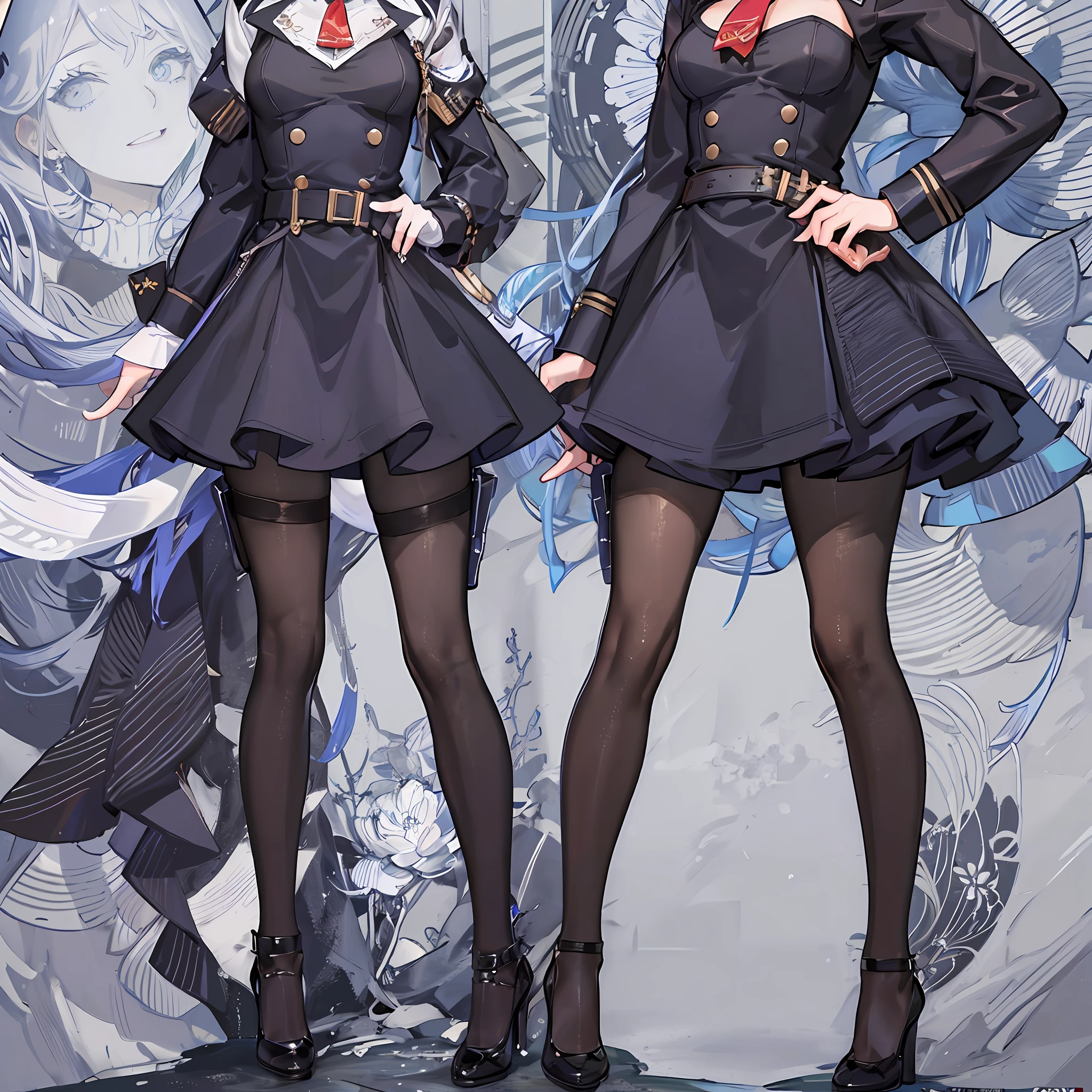 ((Concept Art)), Masterpiece-level Detail Expression, ((Black Lace + Pantyhose: 1.1+) (Military Uniform + Uniform) (Perfect Fusion: 0.9)), 3D Full Body View, (1 Girl), ((Earrings + High Heels Shoes) (Perfect Match: 0.9)), ((Perfect Body + Proud Expression): 1.1), Sex, Rosette Socks, Feminine